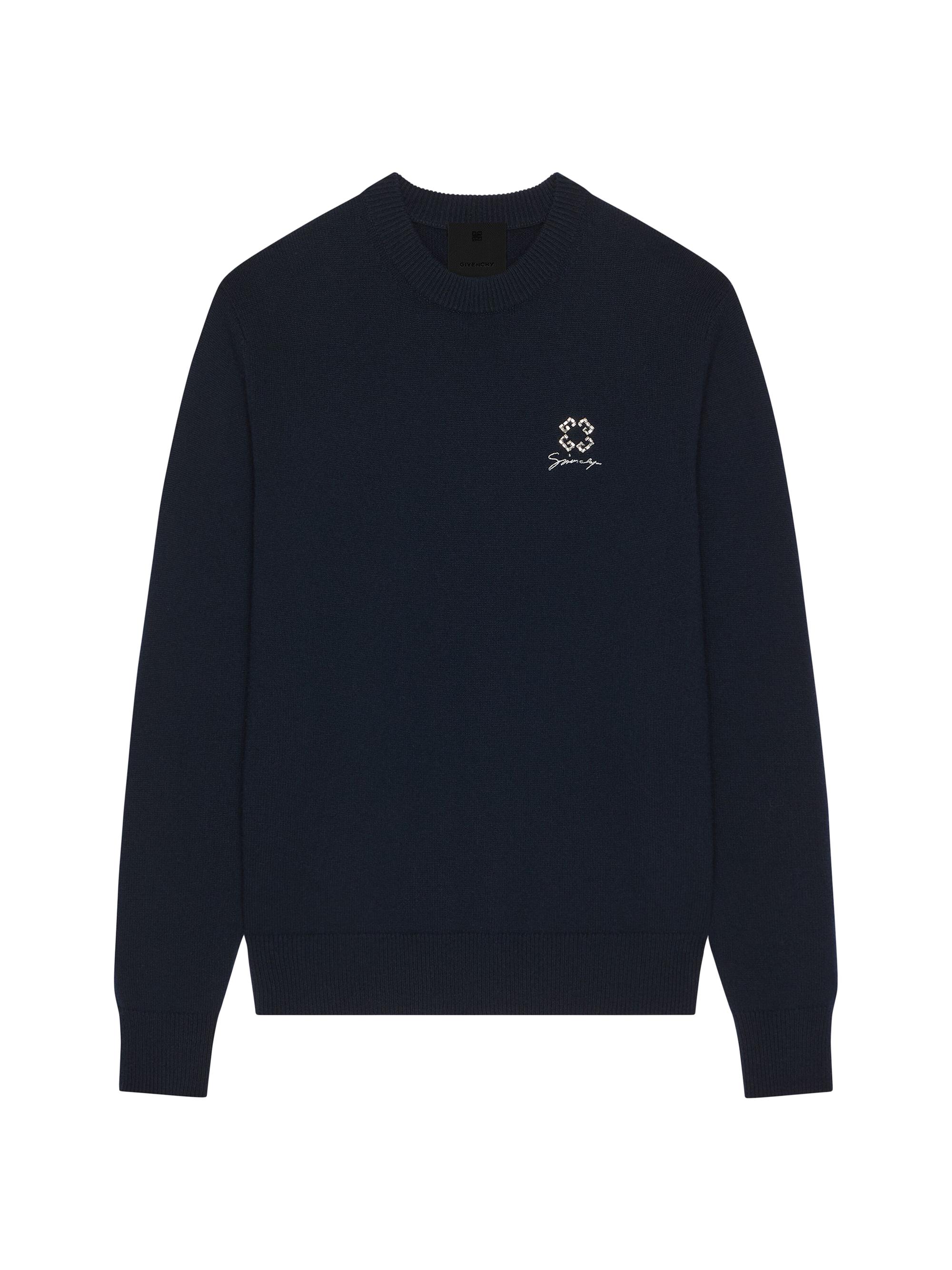 Givenchy Men's Sweater in Wool Cashmere and Crystals with 4G Detail - Dark Blue