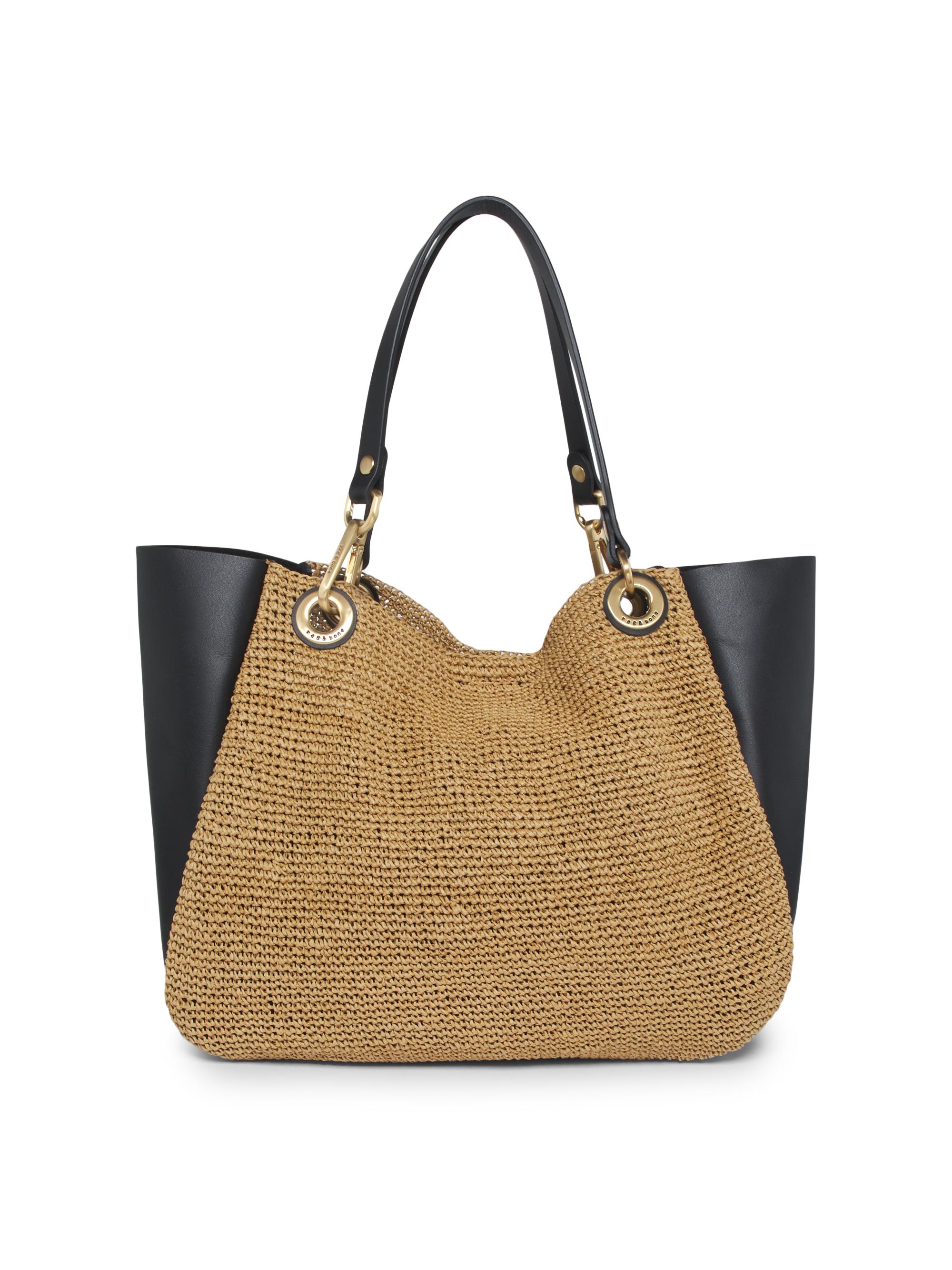 rag & bone Women's Revival Summer Mini Straw & Leather Tote Bag - Natural Black