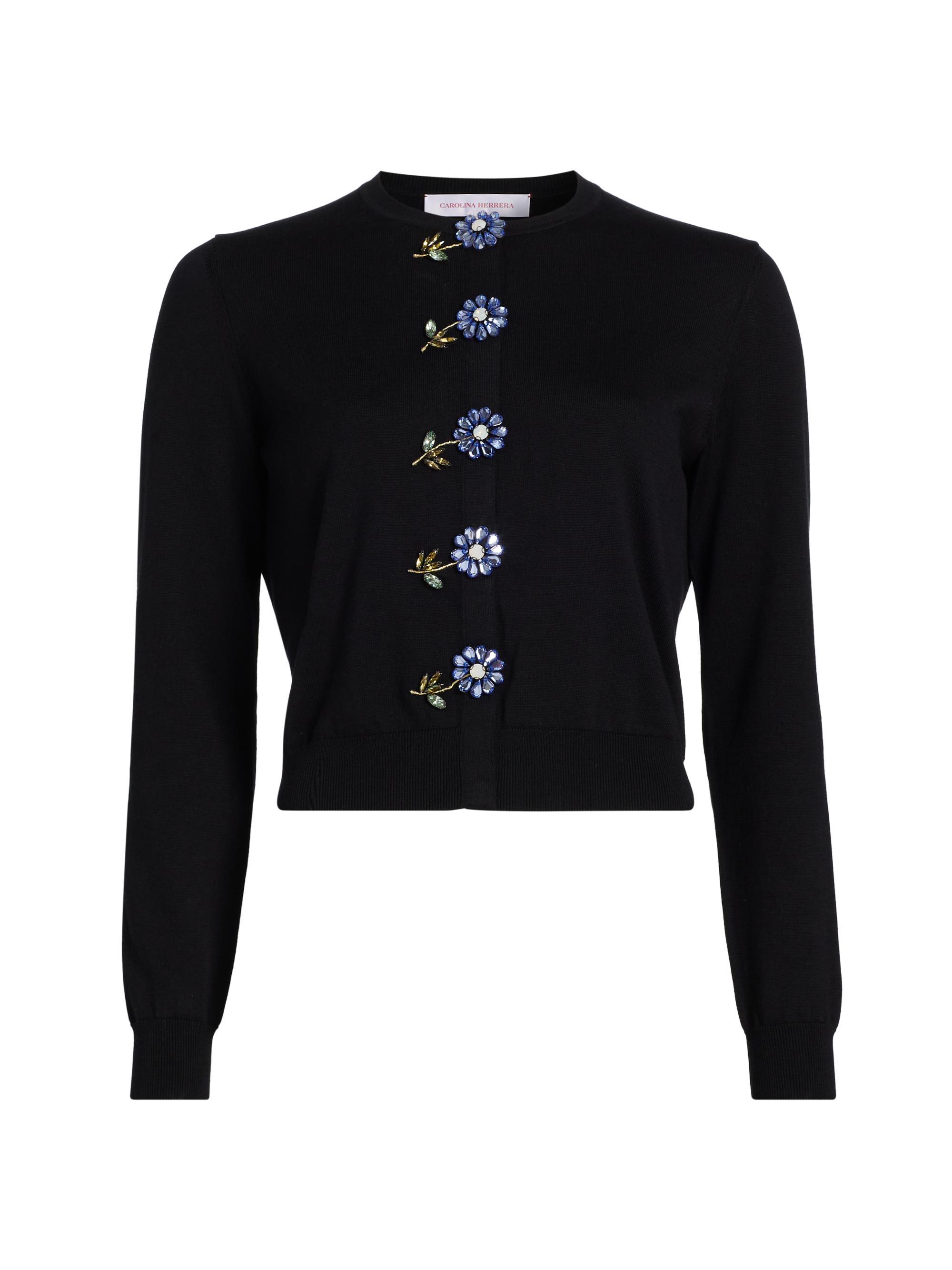 Carolina Herrera Women's Flower-Embellished Cardigan - Black Multi