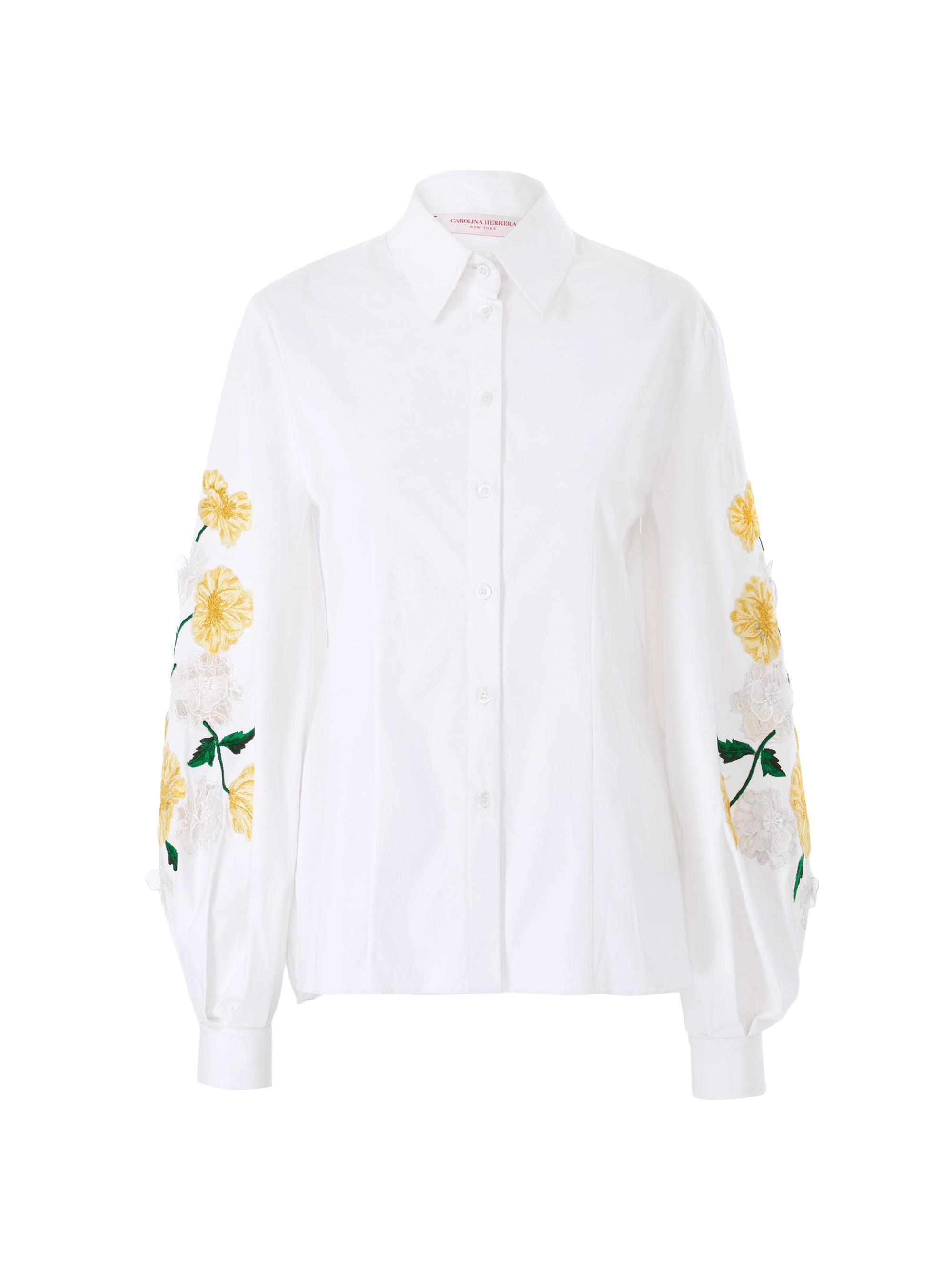 Carolina Herrera Women's Embroidered Puff Sleeve Stretch Cotton Shirt - White Multi