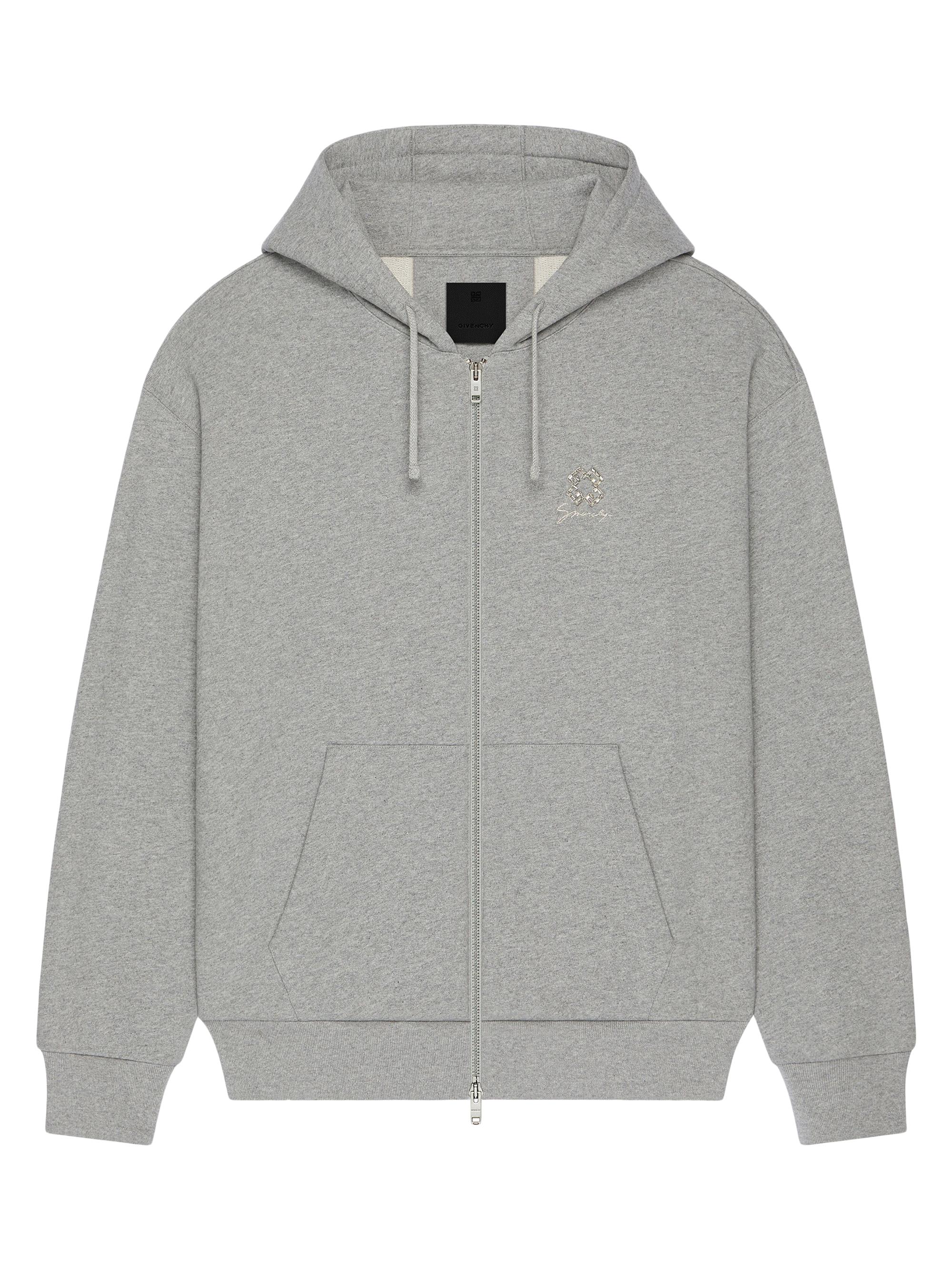 Givenchy Men's Zipped Hoodie in Fleece with Crystals and 4G Detail - Grey Melange