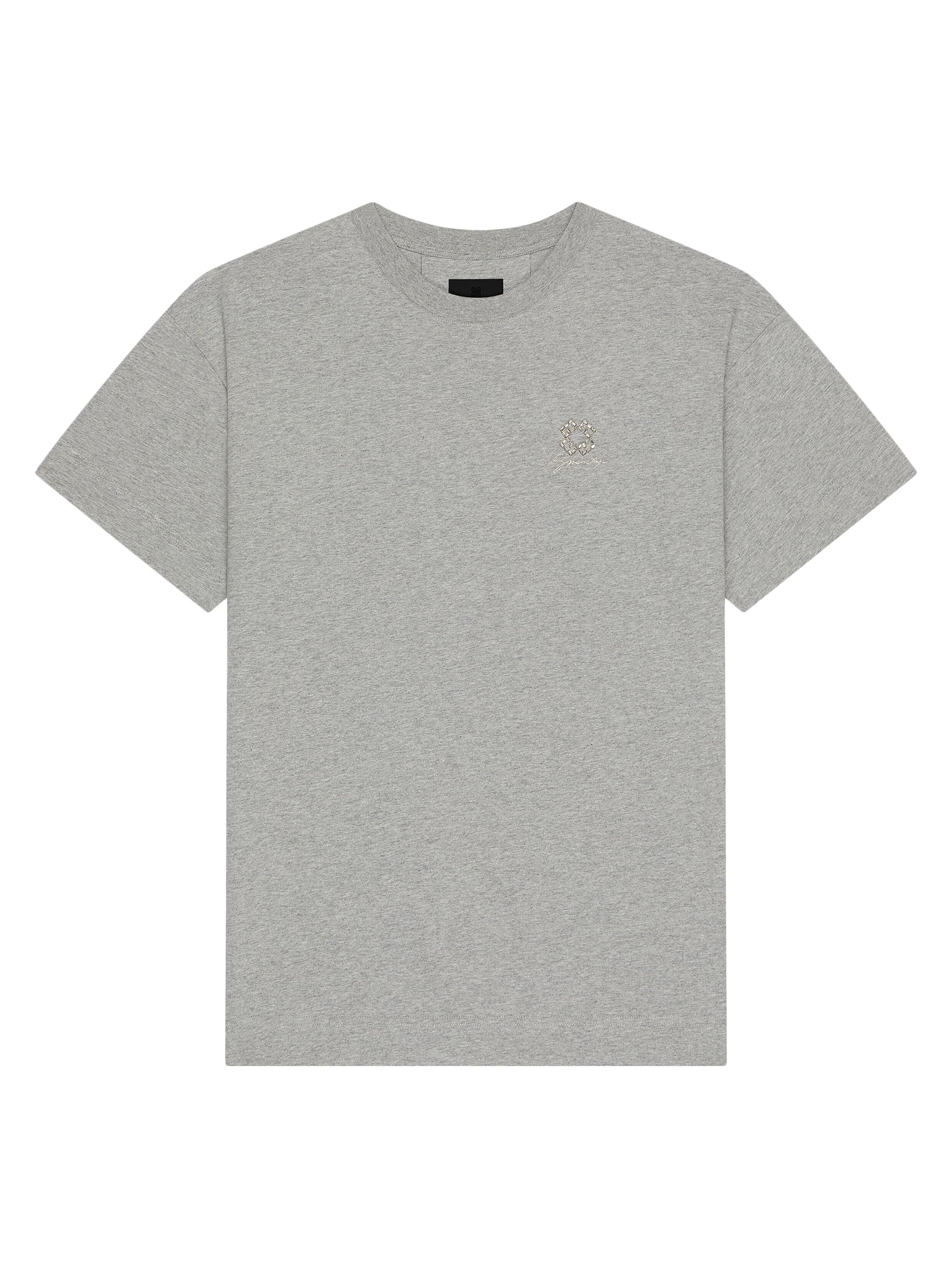 Givenchy Men's T-Shirt in Cotton with Crystals and 4G Detail - Grey Melange