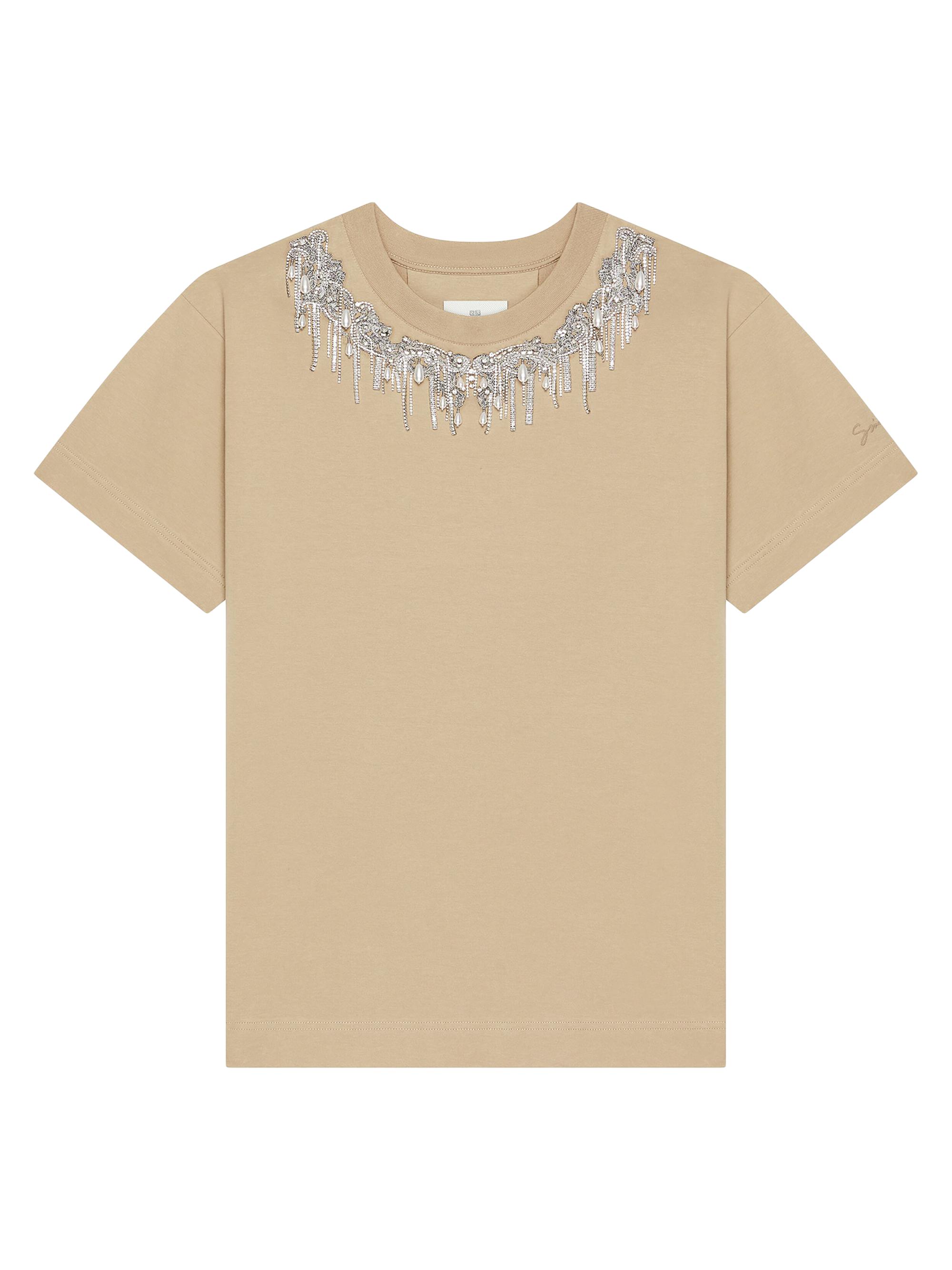 Givenchy Men's T-Shirt in Cotton with Crystals and Pearls - Beige Cappuccino