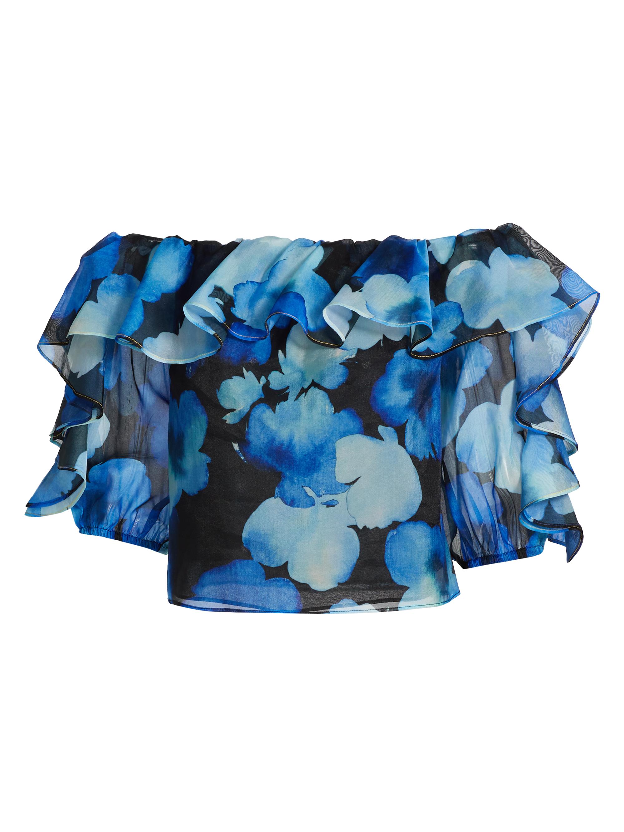 Milly Women's Watercolor Petals Ruffled Organza Off-The-Shoulder Top - Blue Multi