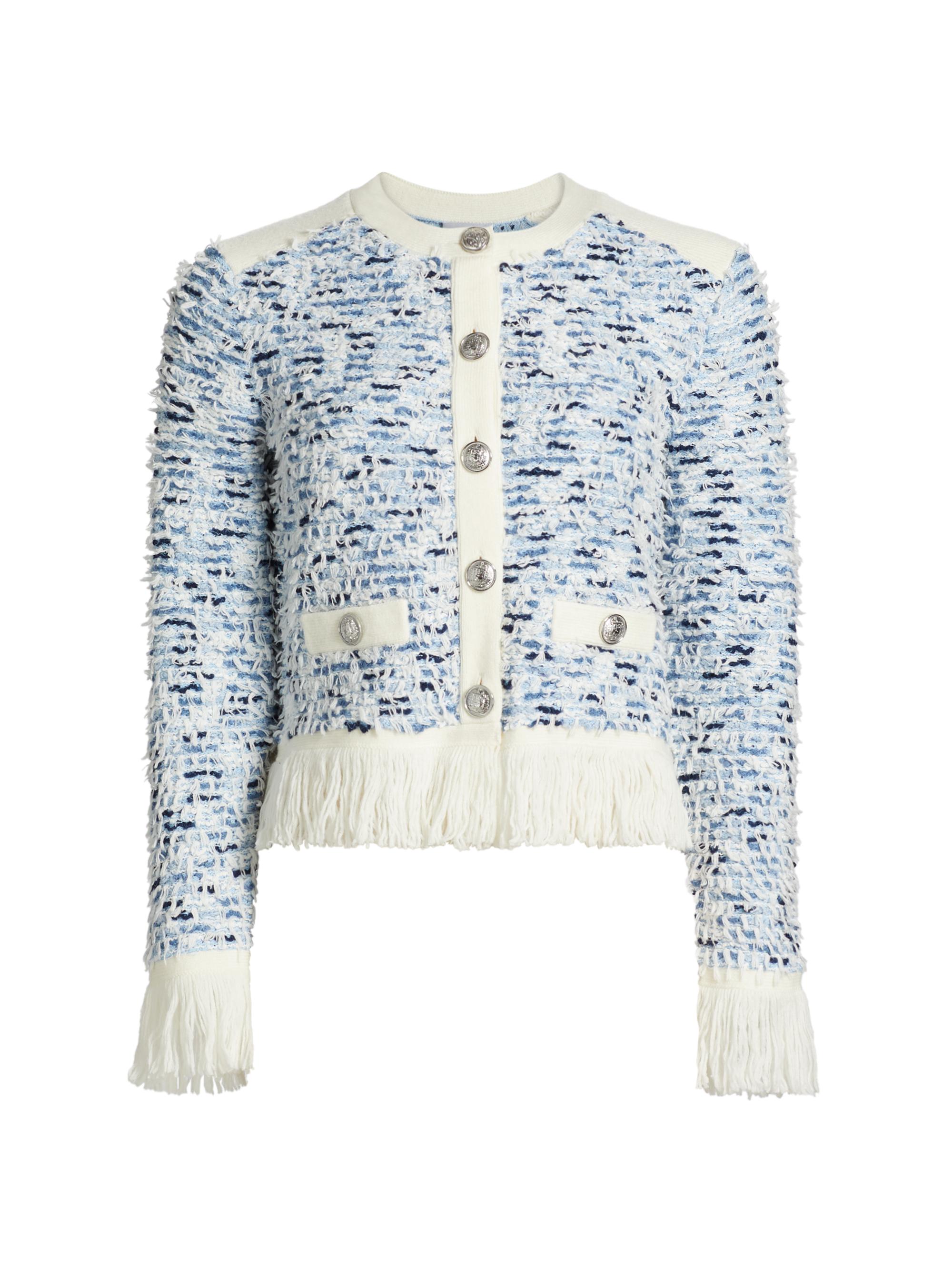 Milly Women's Fringe-Trimmed Tweed Cardigan Jacket - Blue Multi