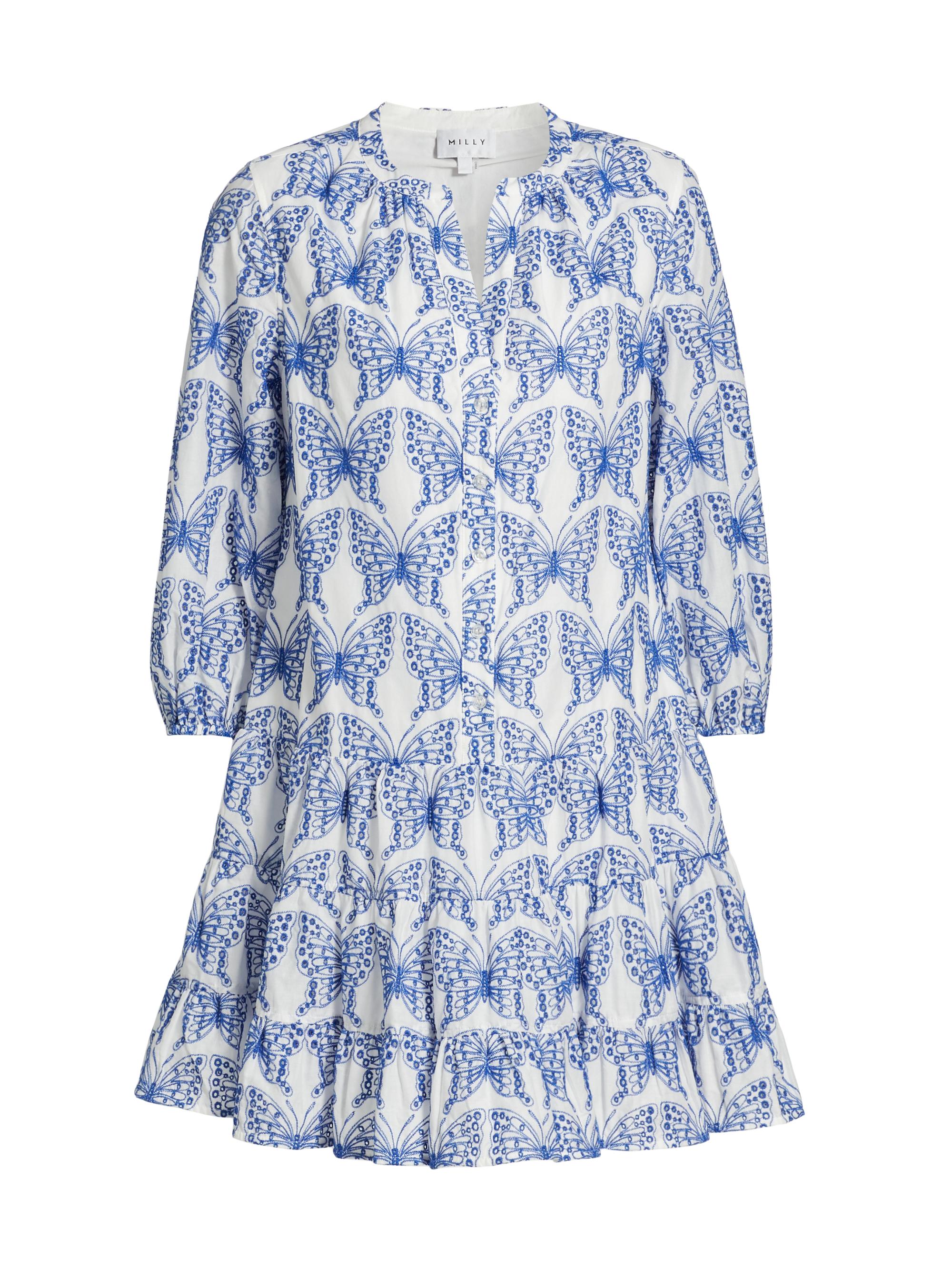 Milly Women's Tiered Butterfly Eyelet Dress - White And Blue