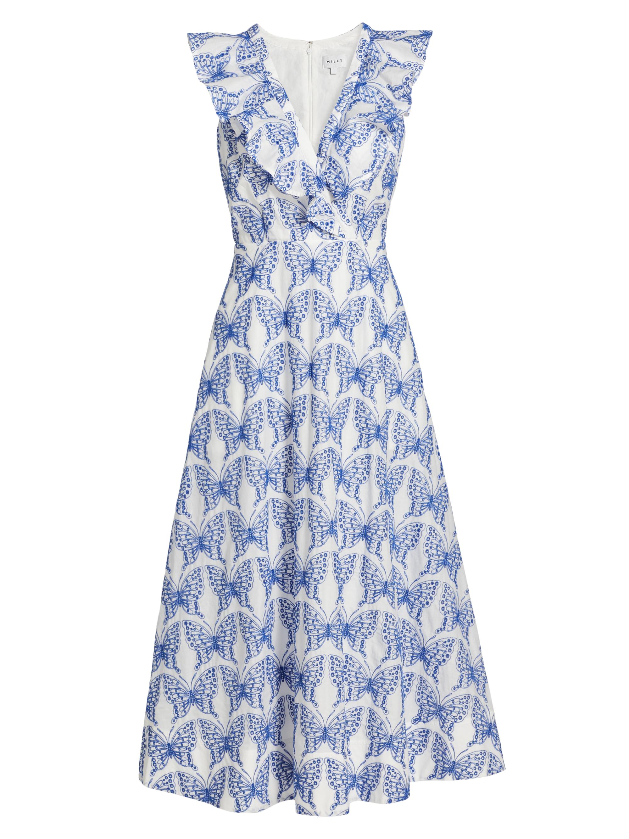 Milly Women's Butterfly Eyelet Ruffled Midi-Dress - White And Blue