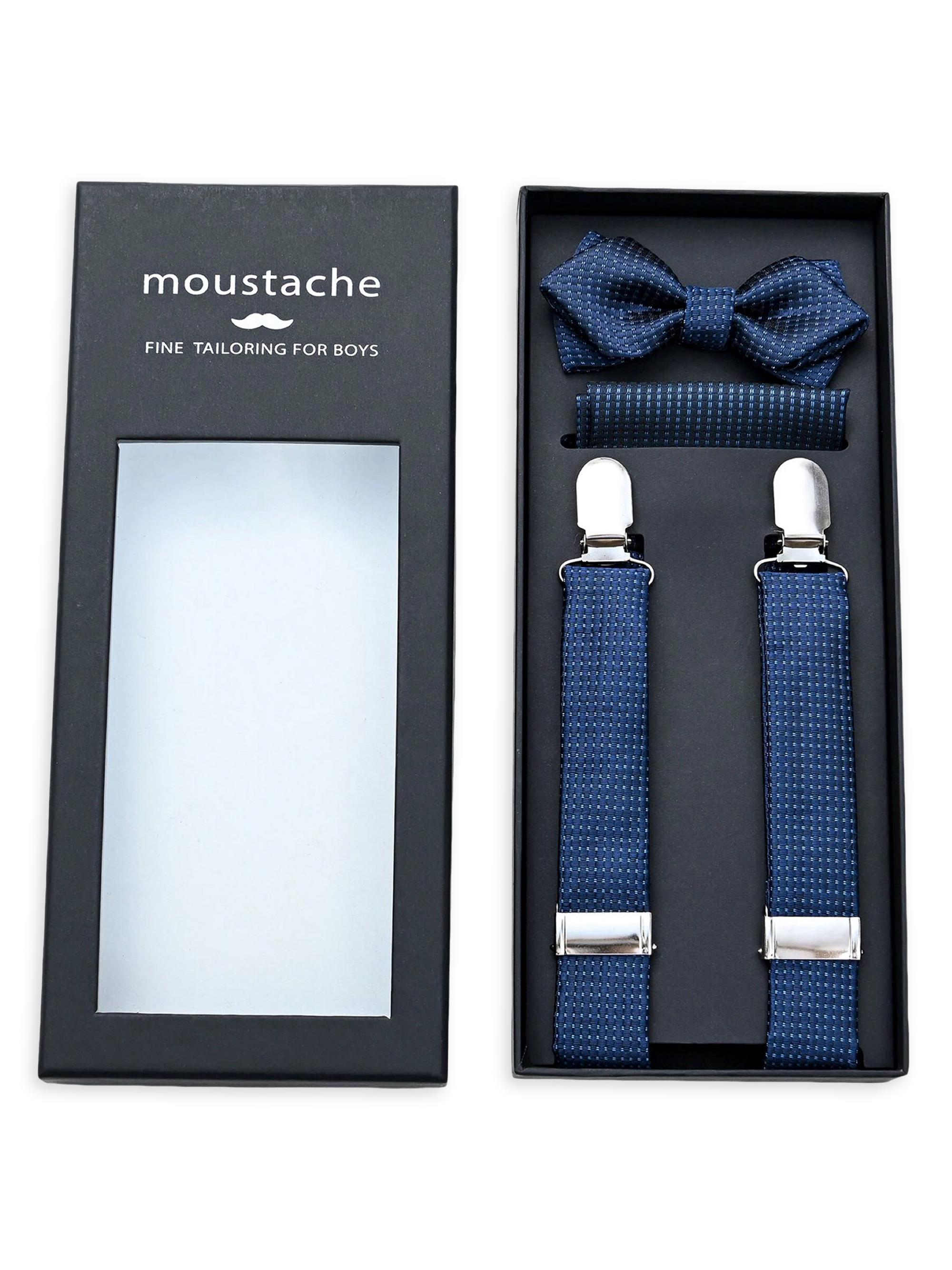 Moustache Textured Suspender Set - Blue
