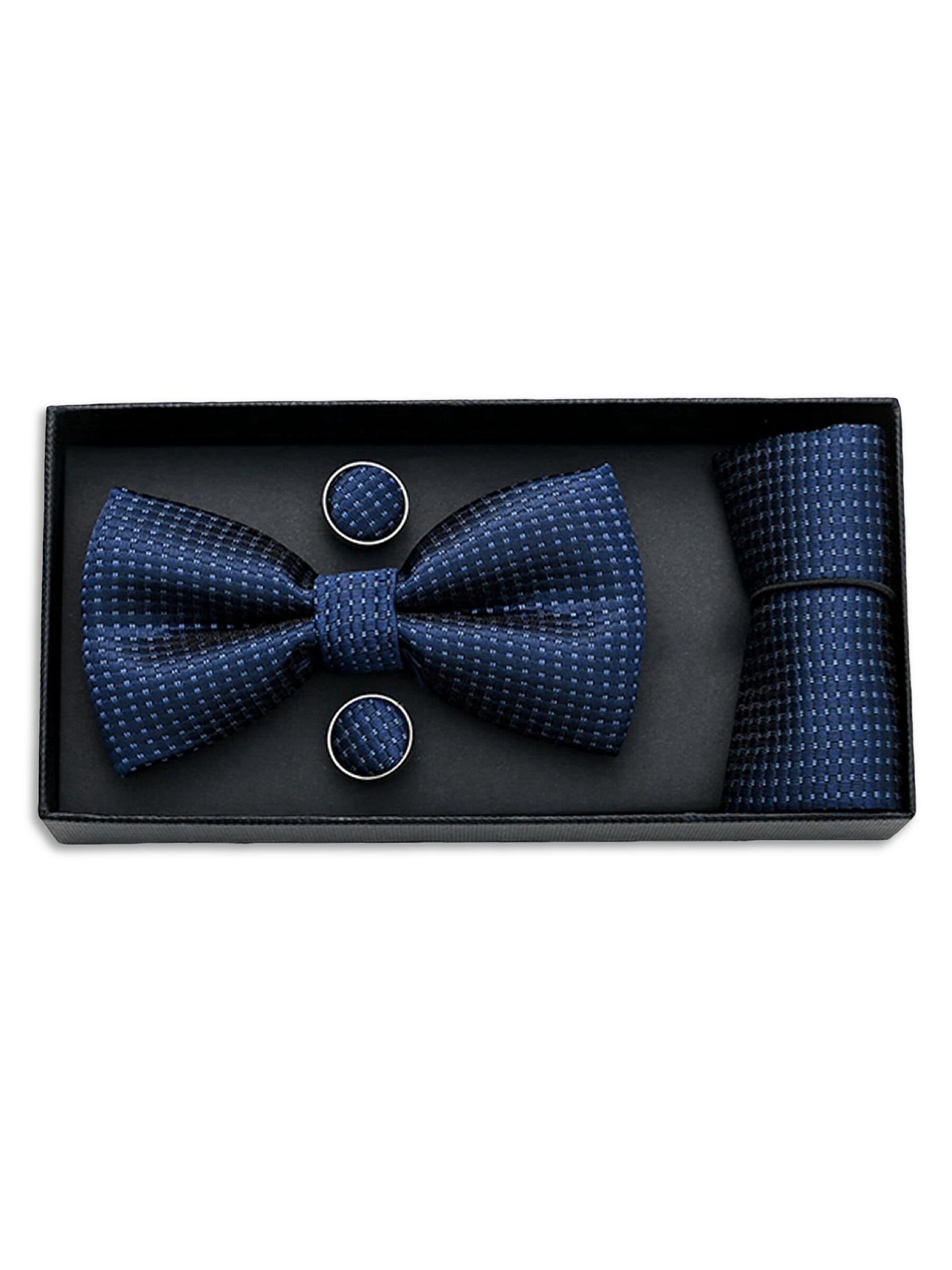 Moustache Patterned-Jacquard Bow Tie Set - Navy