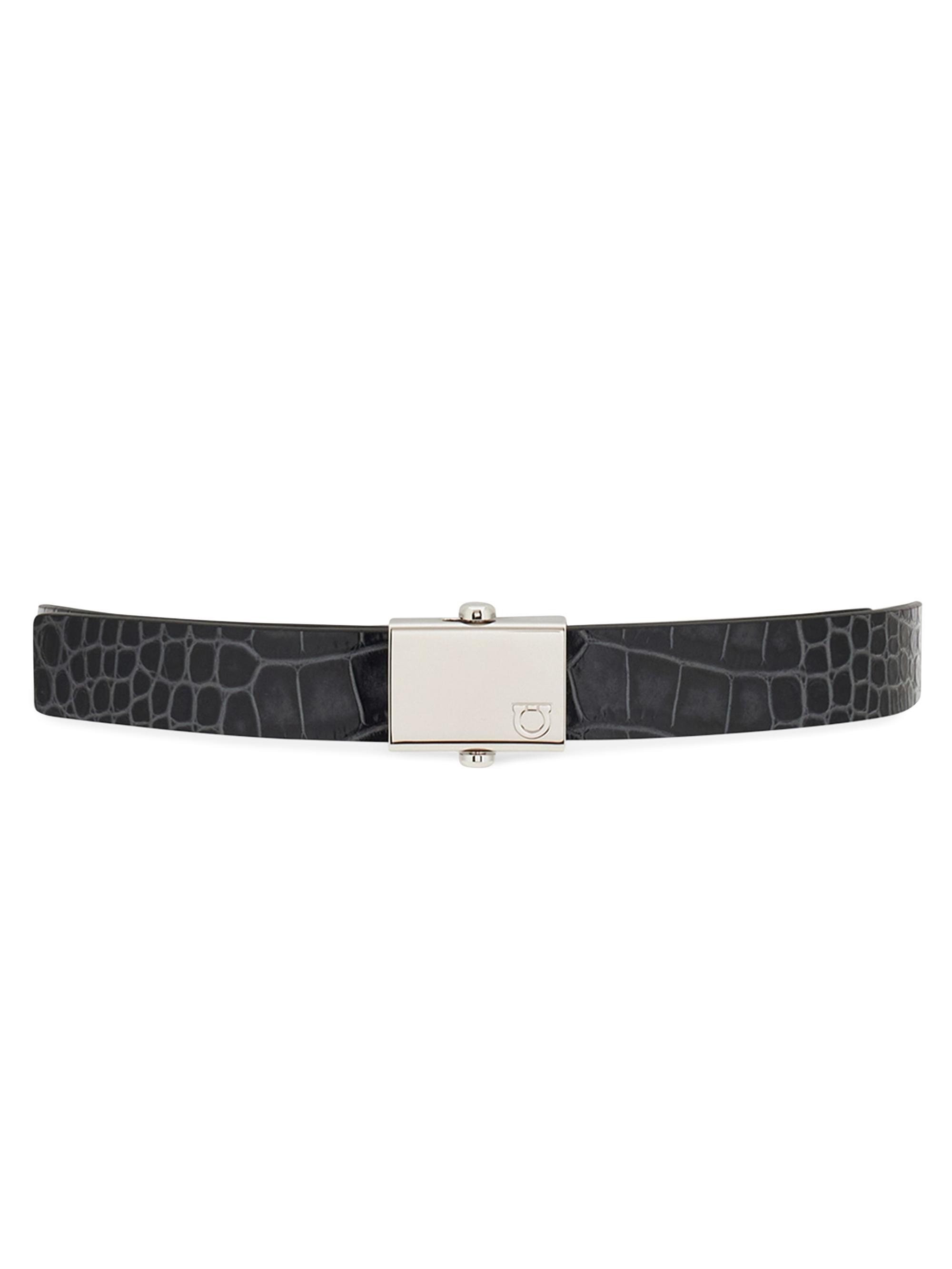 FERRAGAMO Men's Square-Buckle Croc-Embossed Leather Reversible Belt - Black