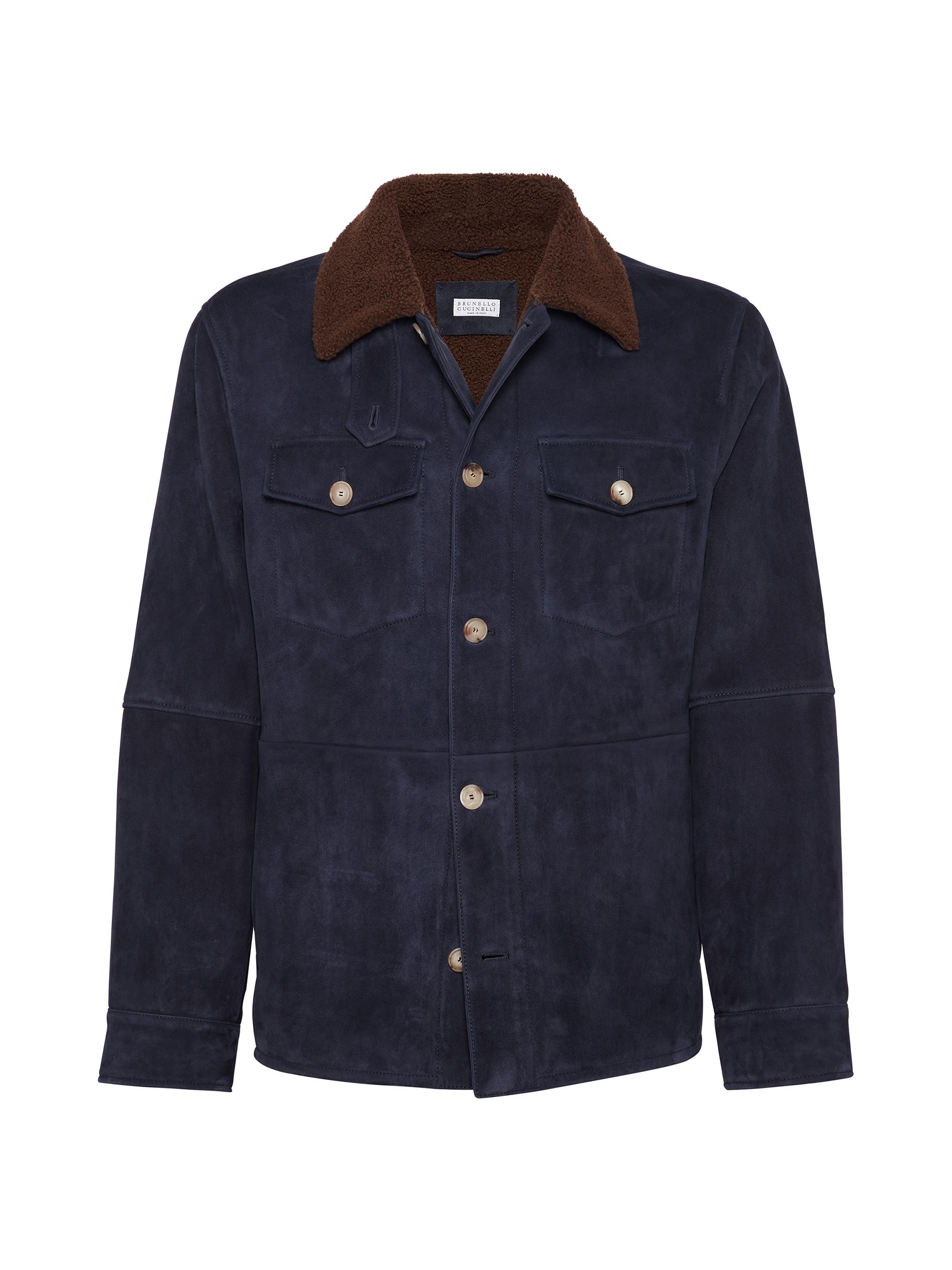 Brunello Cucinelli Men's Suede Shearling Shirt-Style Outerwear Jacket - Navy Blue