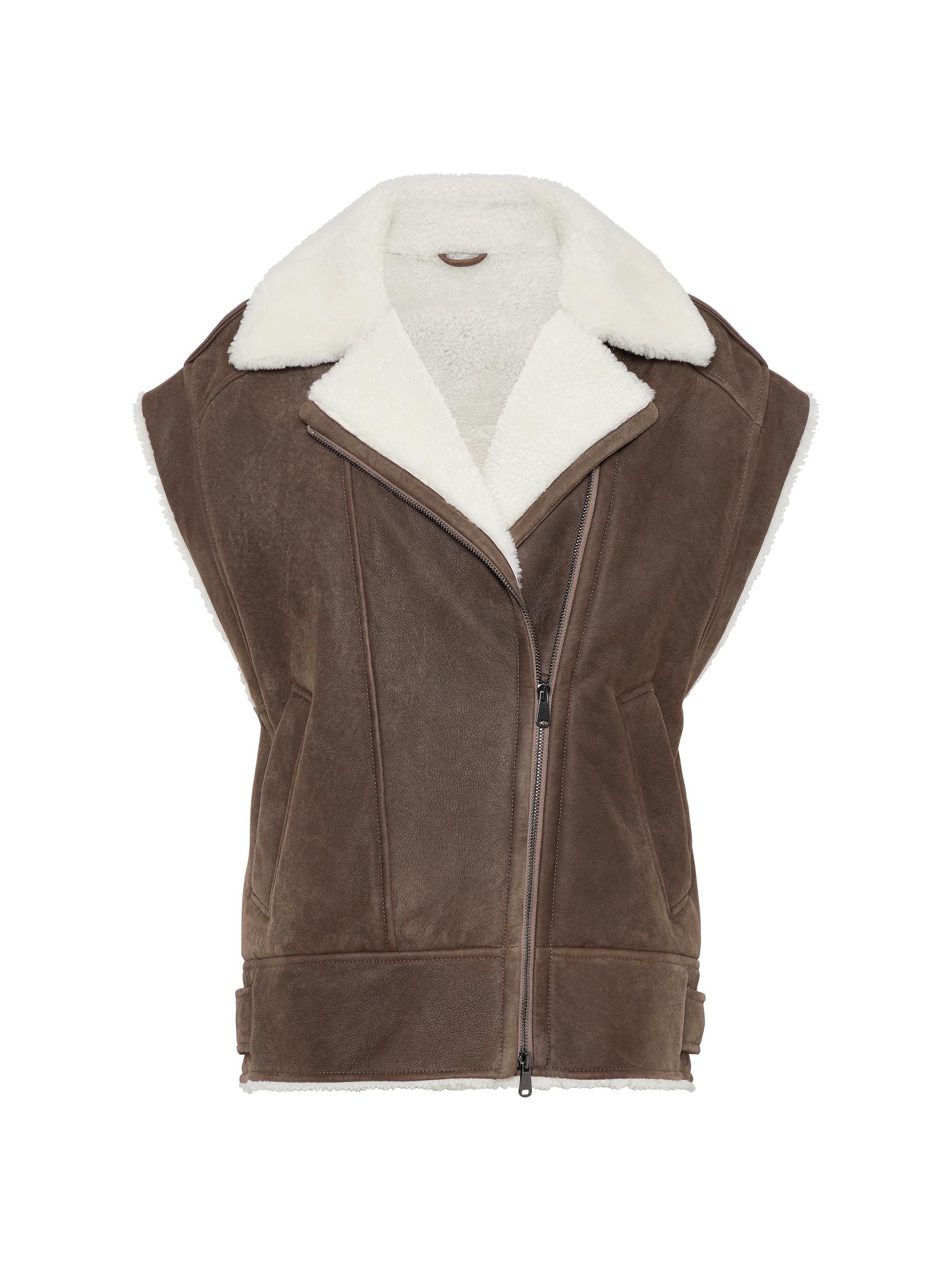 Brunello Cucinelli Women's Suede Shearling Biker Vest with Shiny Details - Light Grey
