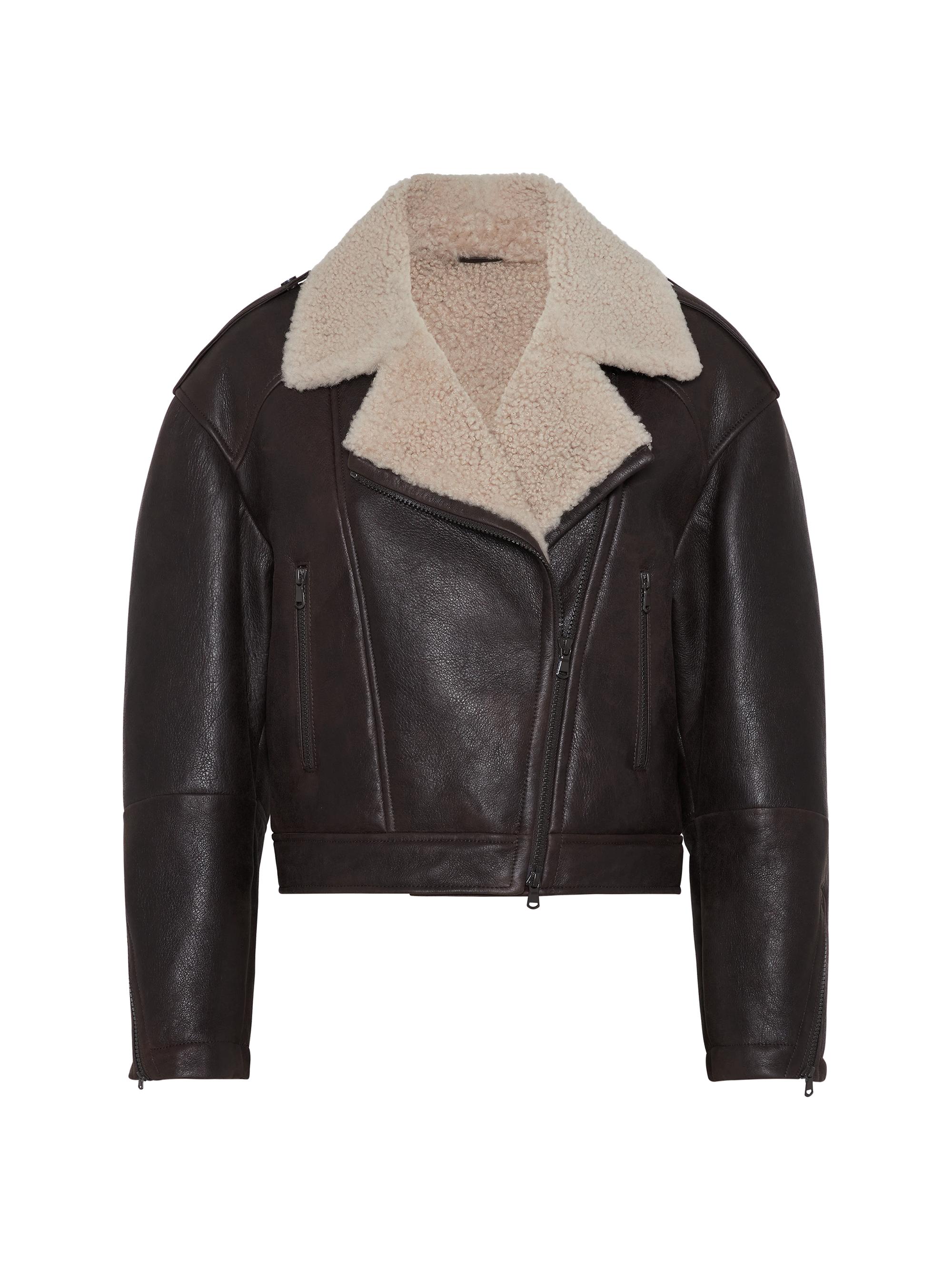 Brunello Cucinelli Women's Waxed Shearling Biker Jacket with Shiny Details - Chocolate