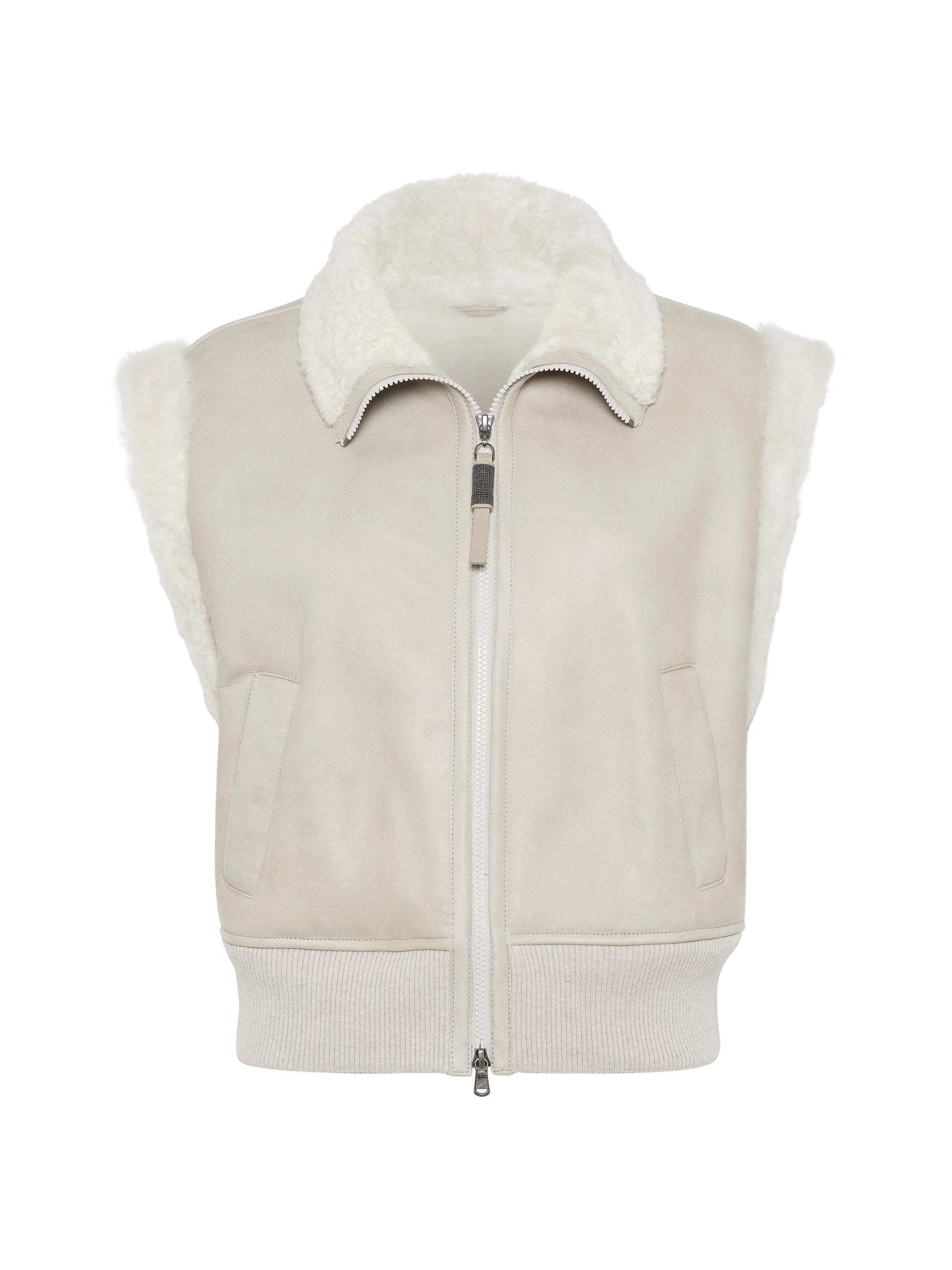 Brunello Cucinelli Women's Fuzzy Shearling Outerwear Vest with Shiny Zipper Pull - Oat