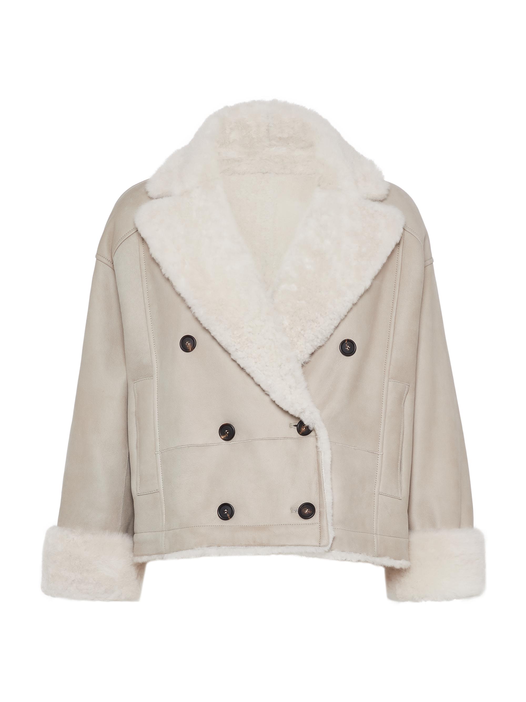 Brunello Cucinelli Women's Fuzzy Shearling Reversible Outerwear Jacket with Monili - Oat