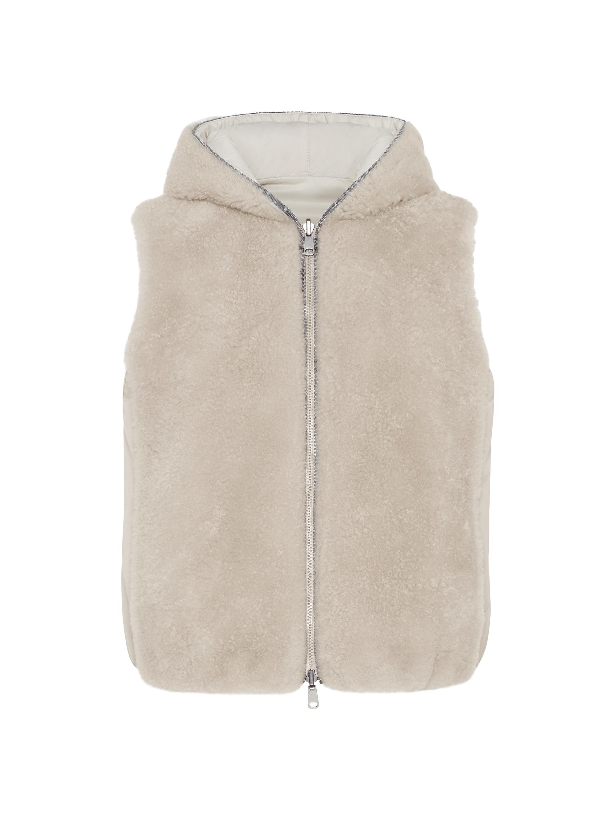 Brunello Cucinelli Women's Cashmere Shearling Reversible Hooded Vest with Precious Trim - Oat
