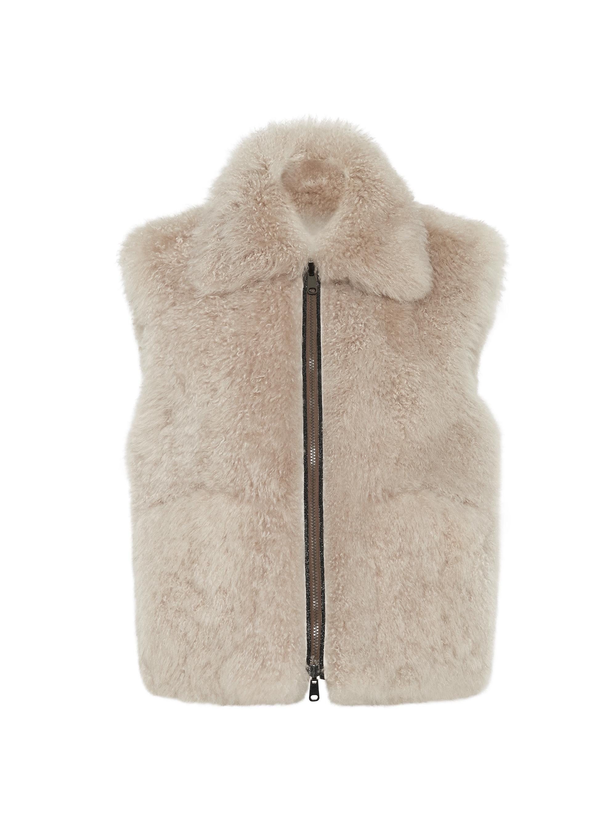 Brunello Cucinelli Women's Plush Cashmere Shearling Reversible Vest with Shiny Trims - Warm Beige