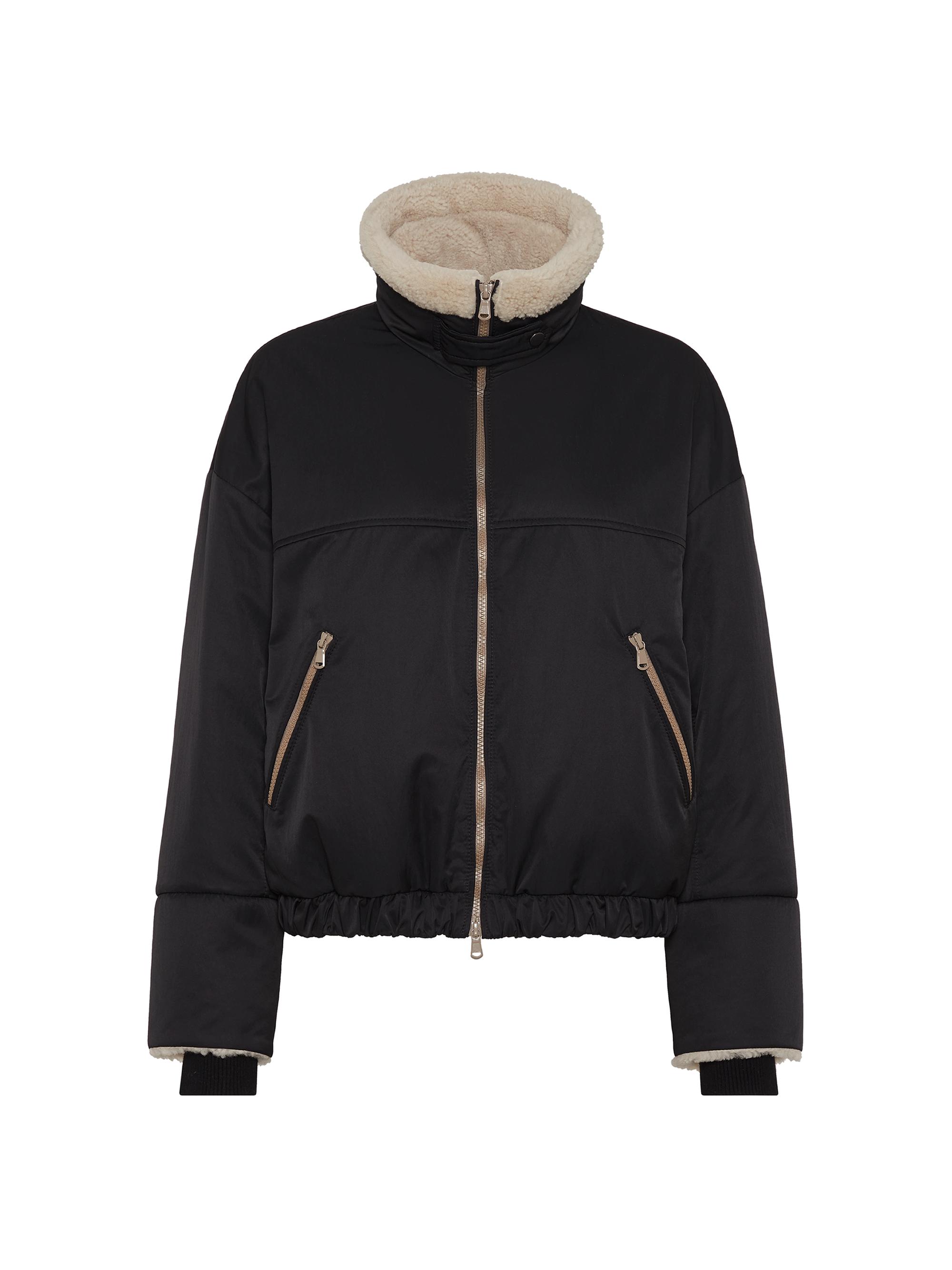 Brunello Cucinelli Women's Water Resistant Techno Satin Down Jacket with Shearling Inserts and Monili - Black