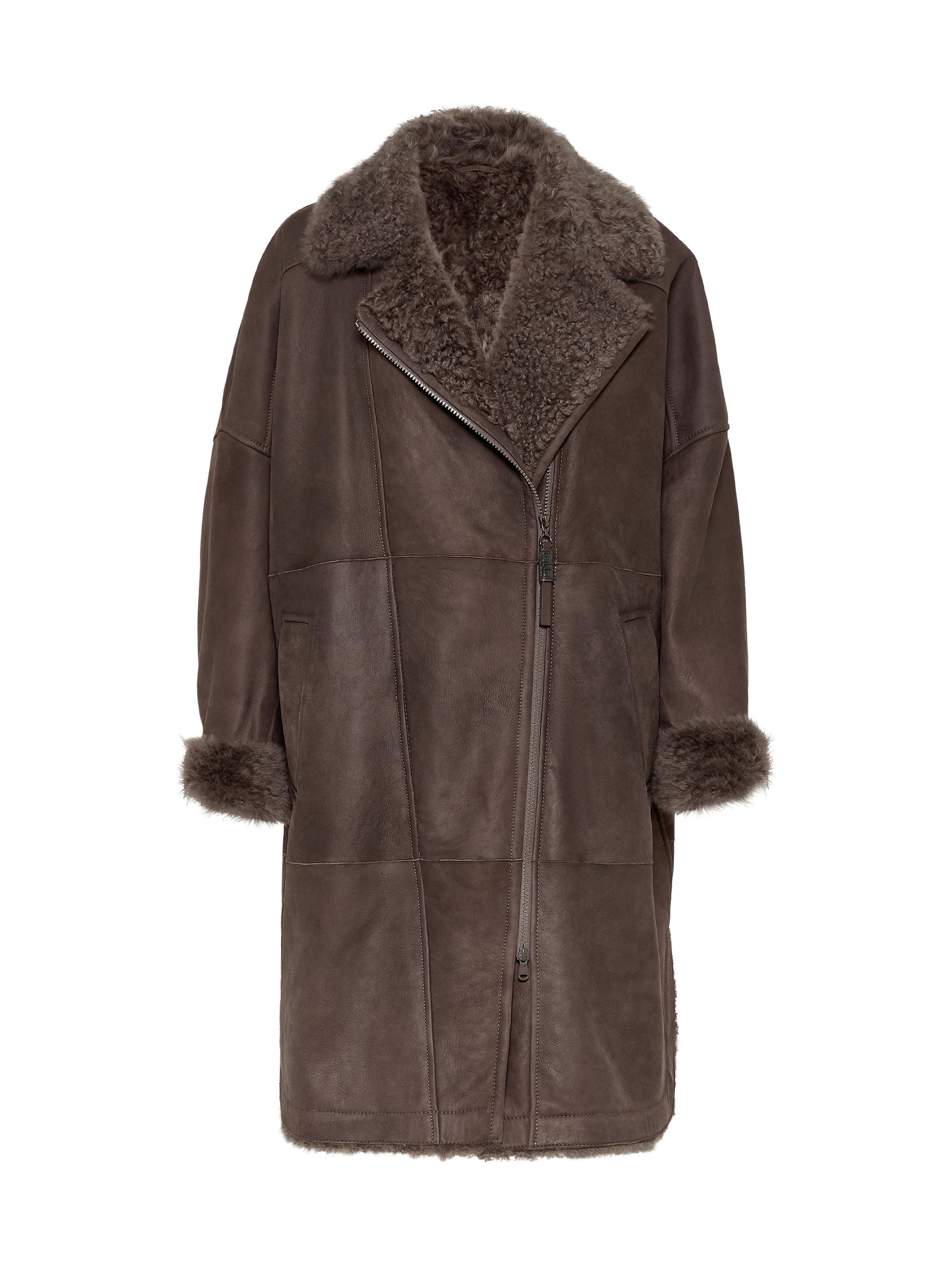 Brunello Cucinelli Women's Fleecy Shearling Coat with Shiny Zipper Pull - Mud