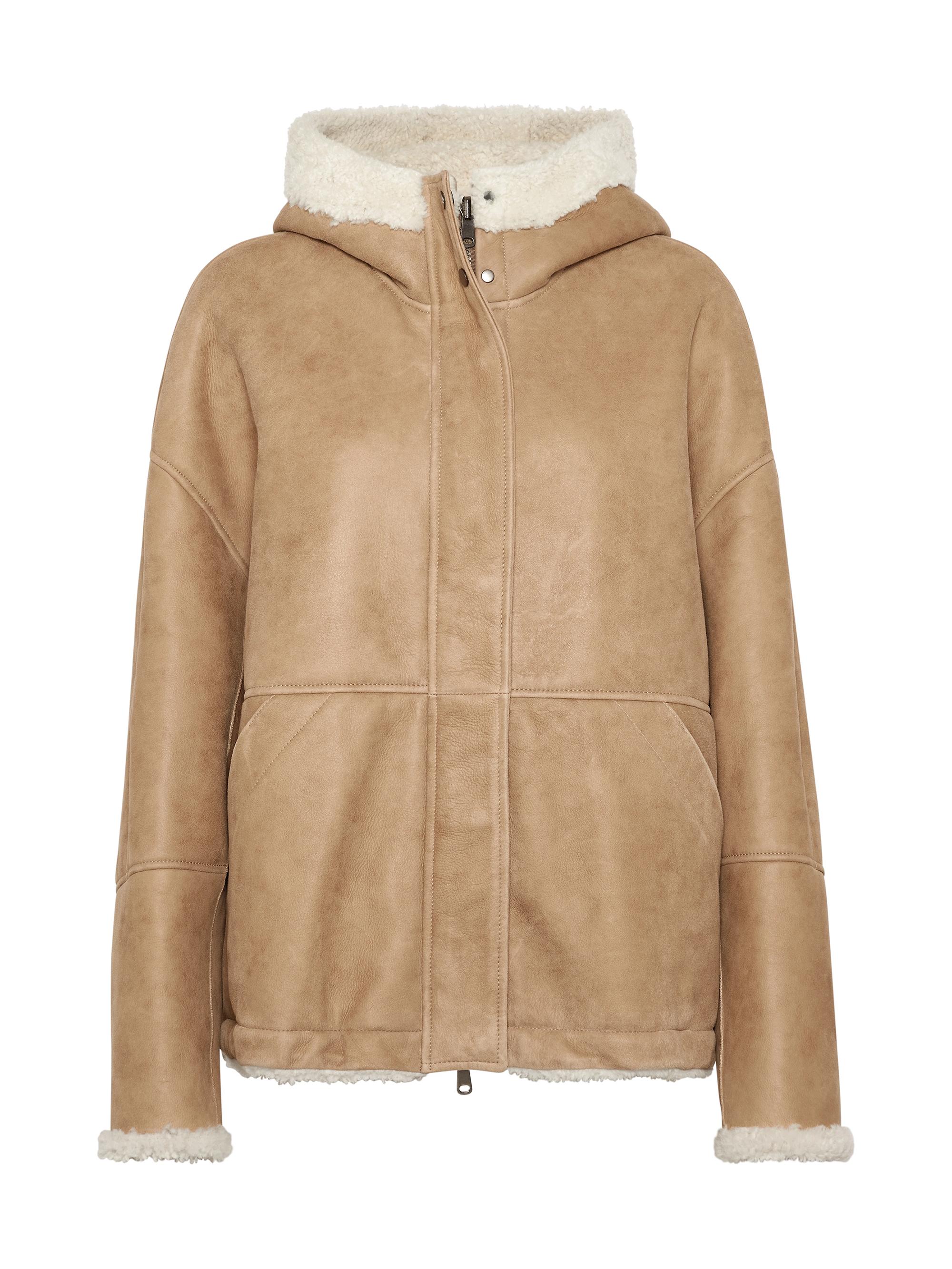 Brunello Cucinelli Women's Curly Shearling Reversible Hooded Outerwear Jacket with Monili - Camel