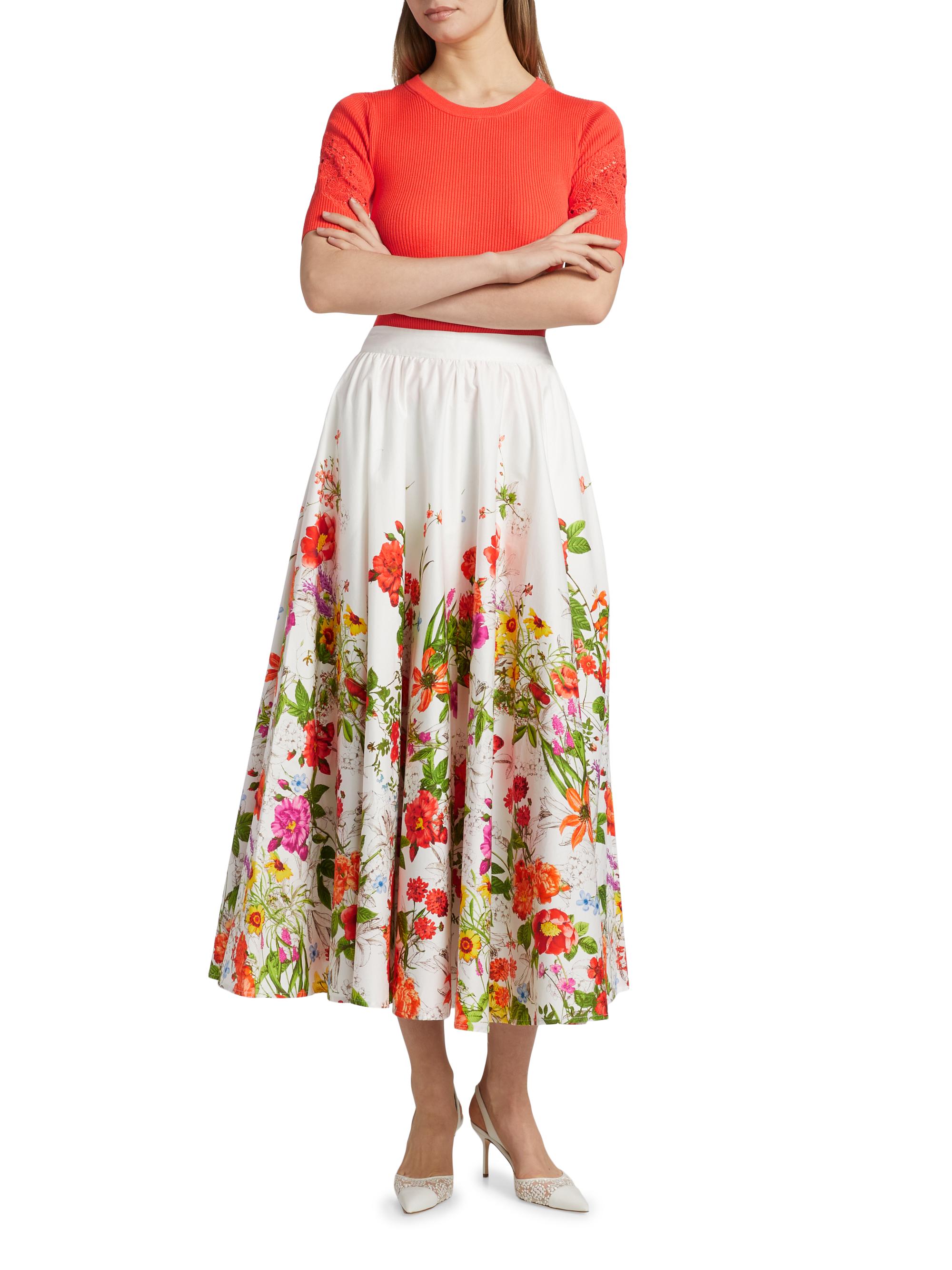 Elie Tahari The Juliana Sky Jardin Floral Cotton Poplin Midi-Skirt