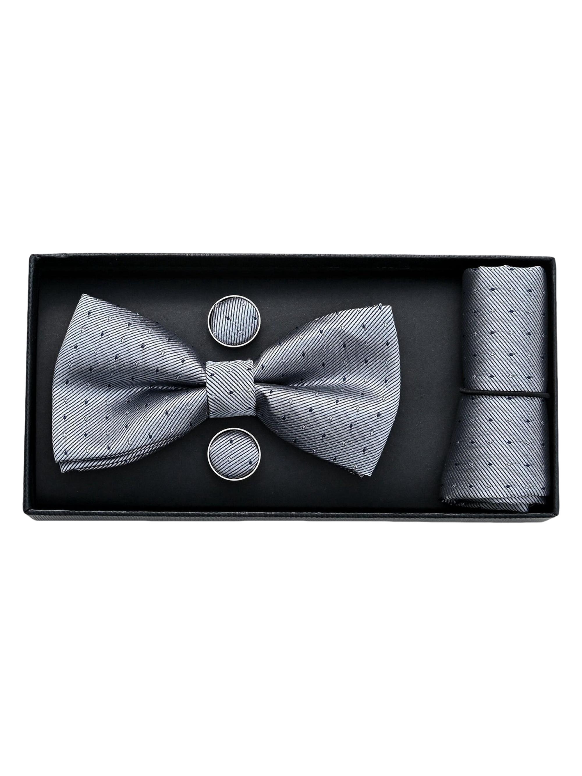 Moustache Textured Bow Tie Set - Silver