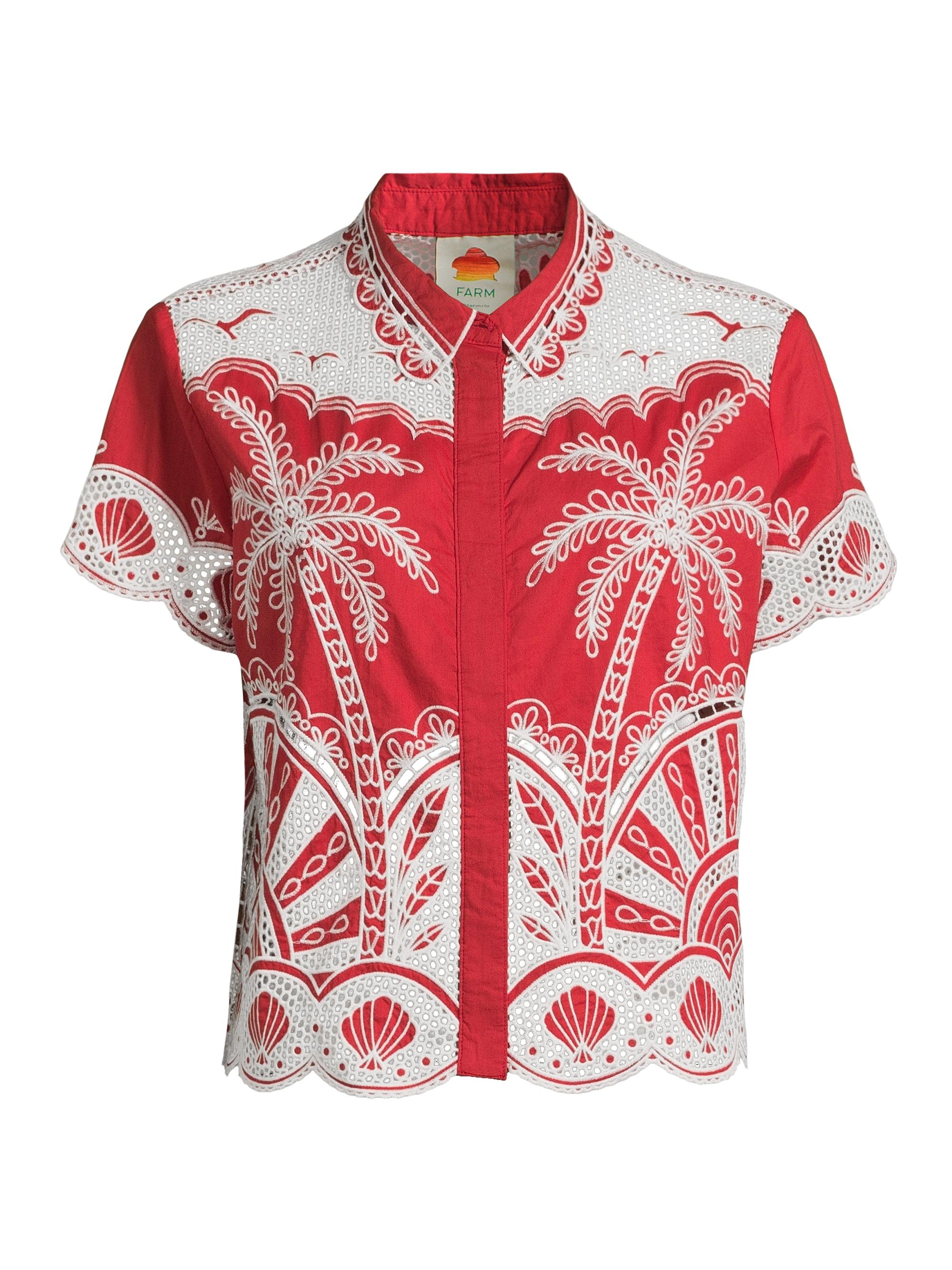 Farm Rio Women's Palm Trees Crochet Short-Sleeve Shirt - Red