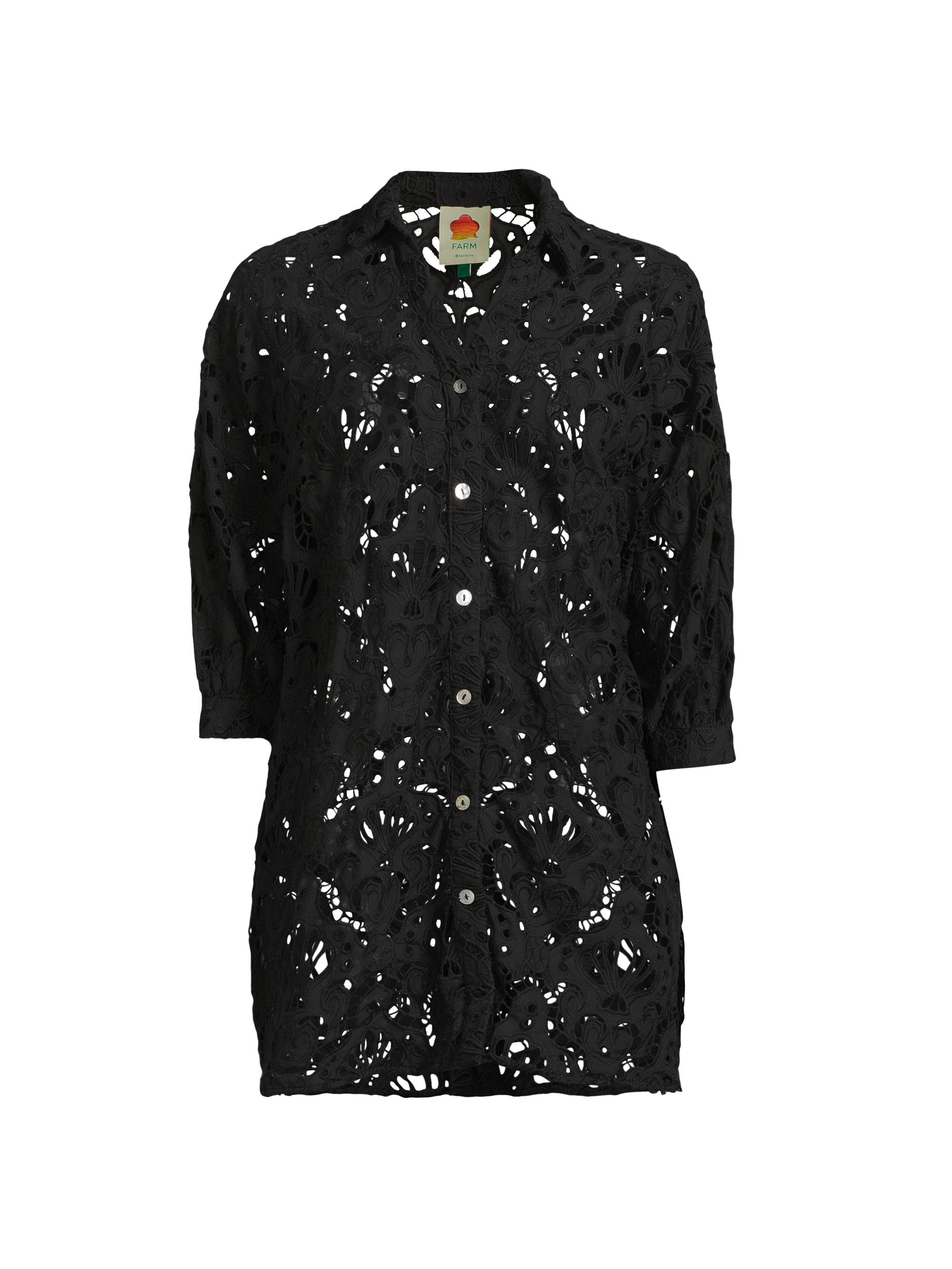 Farm Rio Women's Seashell Guipure Cover-Up Longline Shirt - Black