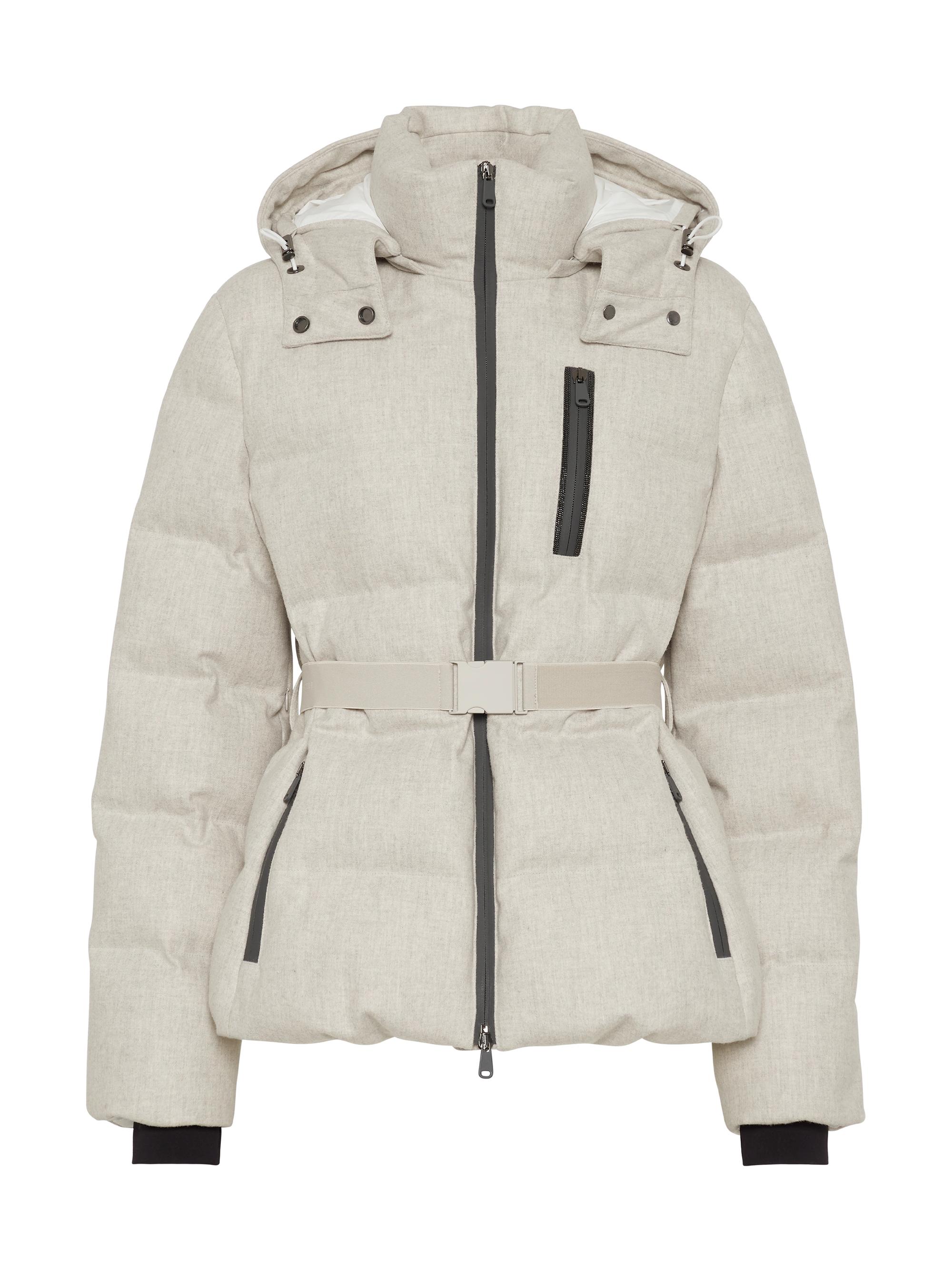 Brunello Cucinelli Women's Bonded Virgin Wool Flannel Mountain Down Jacket with Detachable Hood and Precious Zip Detail - Light Grey