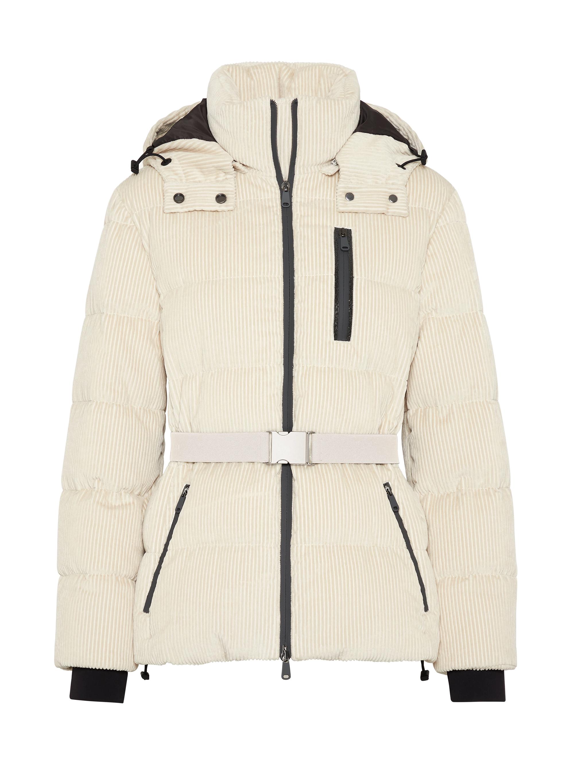 Brunello Cucinelli Women's Bonded Cotton Corduroy Mountain Down Jacket with Detachable Hood and Precious Zip Detail - Beige