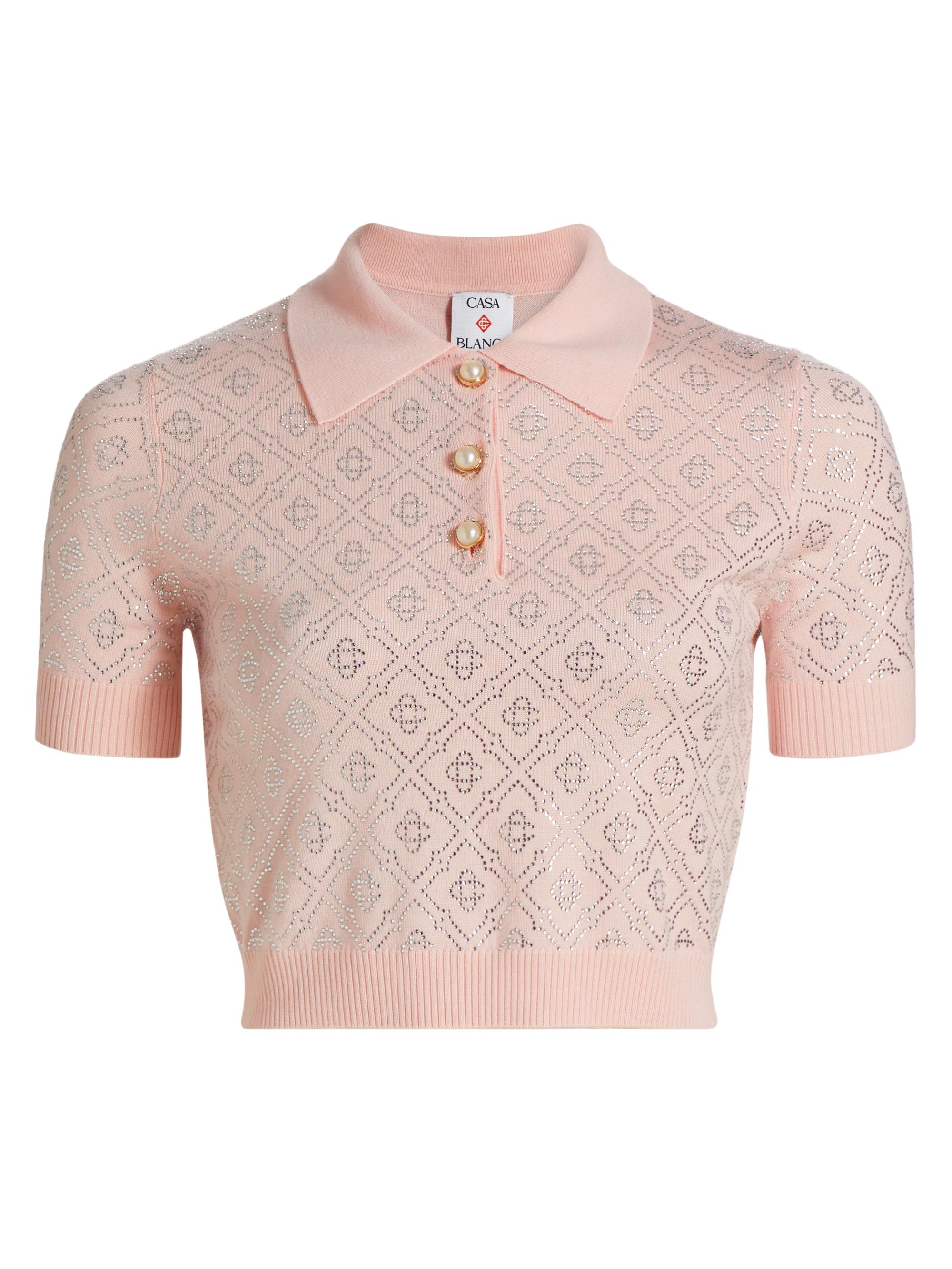Casablanca Women's Crystal Monogram Crop Polo Top - Pink