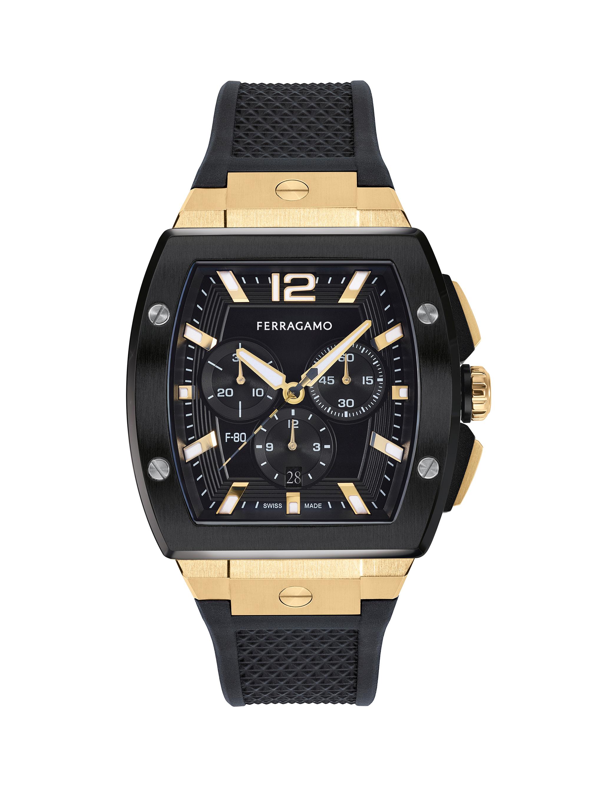 FERRAGAMO Men's F-80 Tonneau Goldtone Stainless Steel & Silicone Chrono Watch/41.8MM - Black