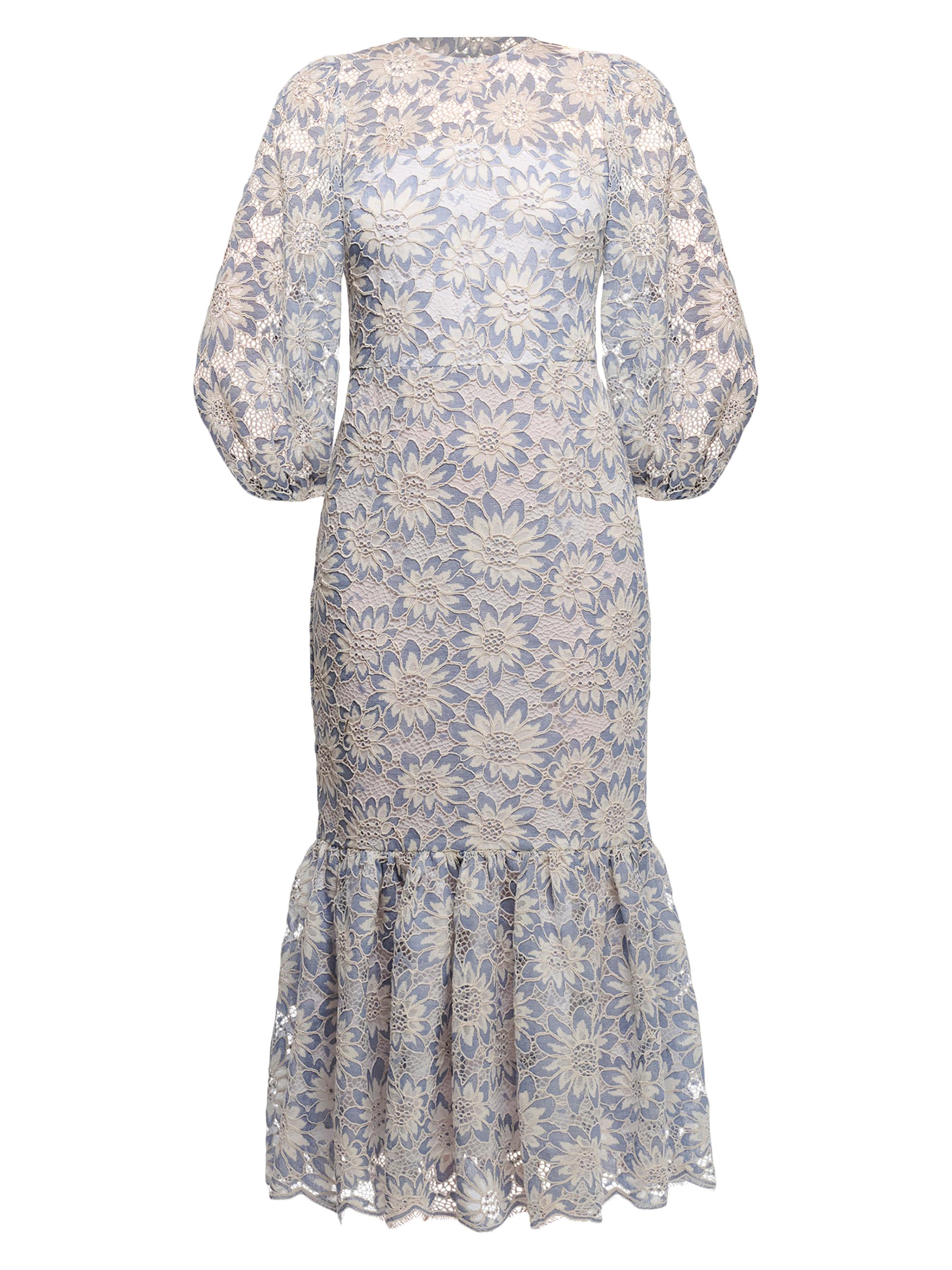 Shoshanna Adaya Lace Puff-Sleeve Scallop-Hem Midi-Dress | Saks Fifth Avenue