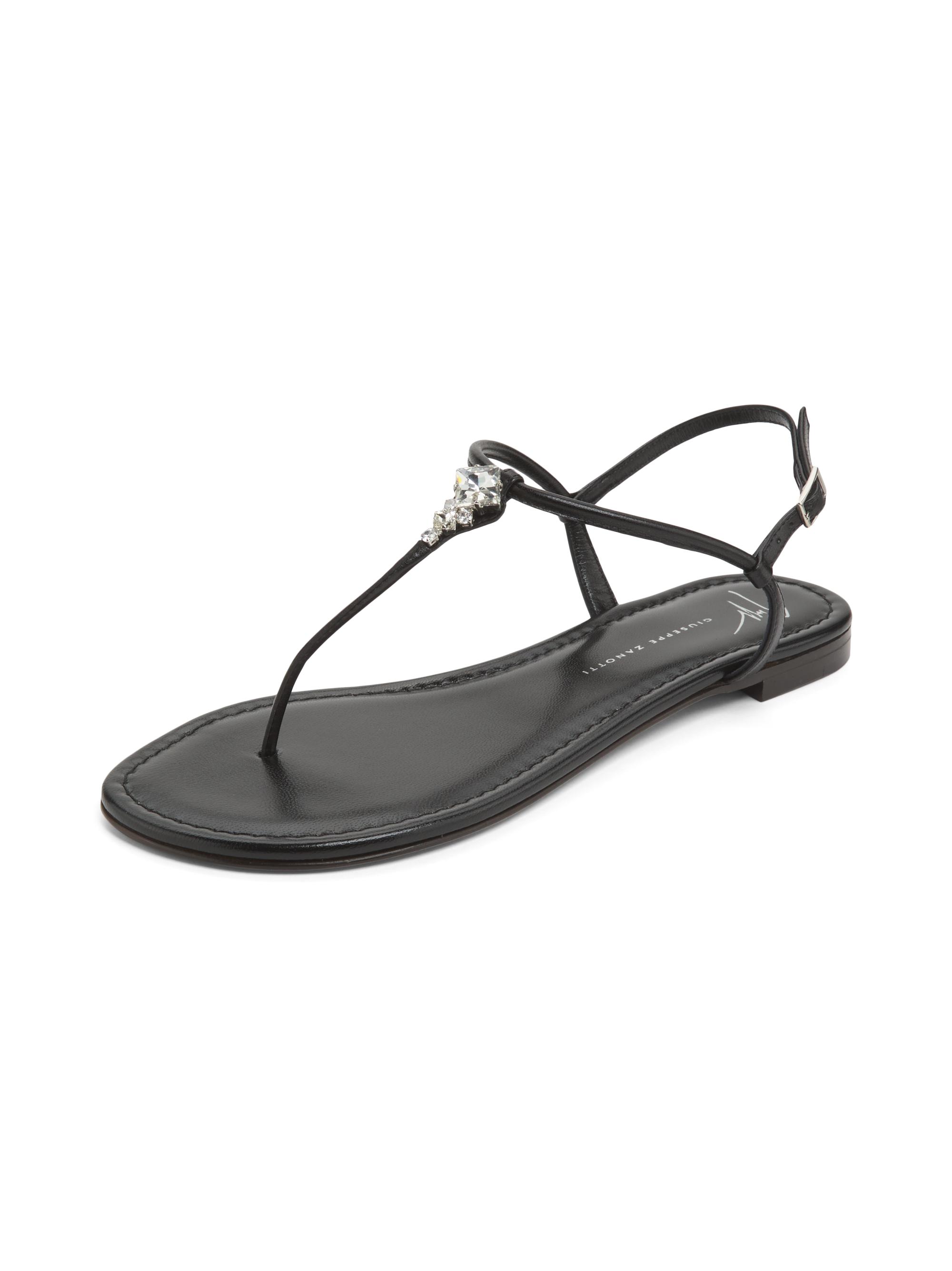 Crystal-Embellished Leather T-Strap Sandals