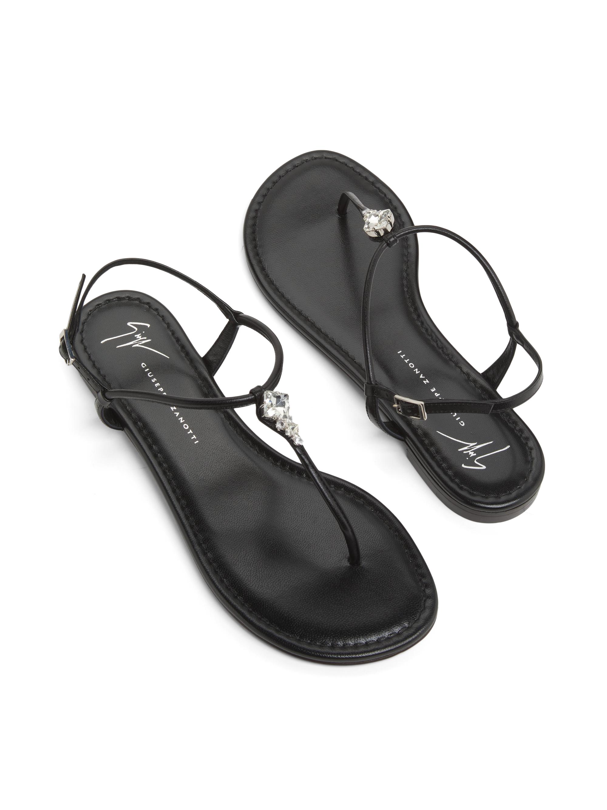 Crystal-Embellished Leather T-Strap Sandals