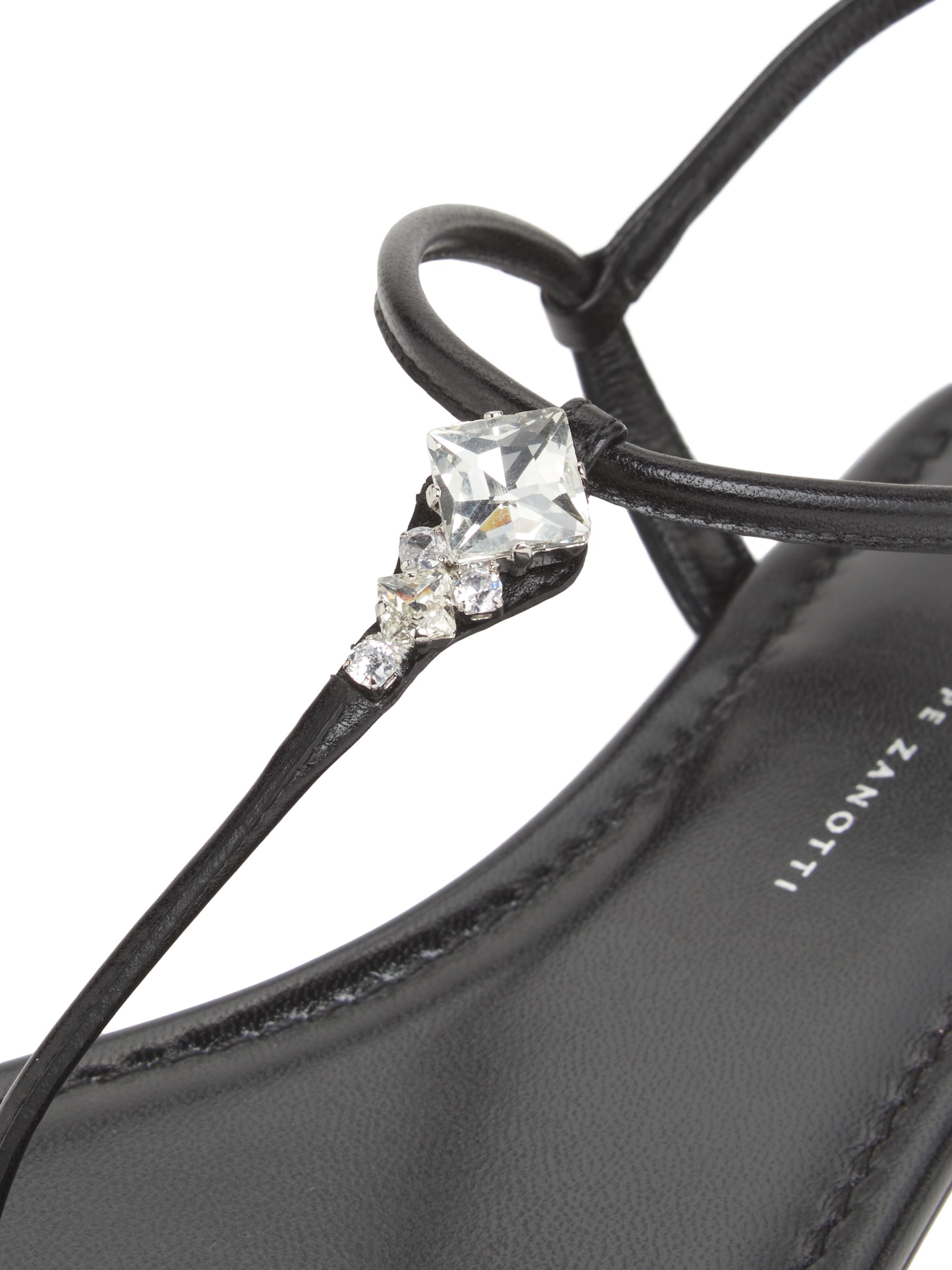 Crystal-Embellished Leather T-Strap Sandals