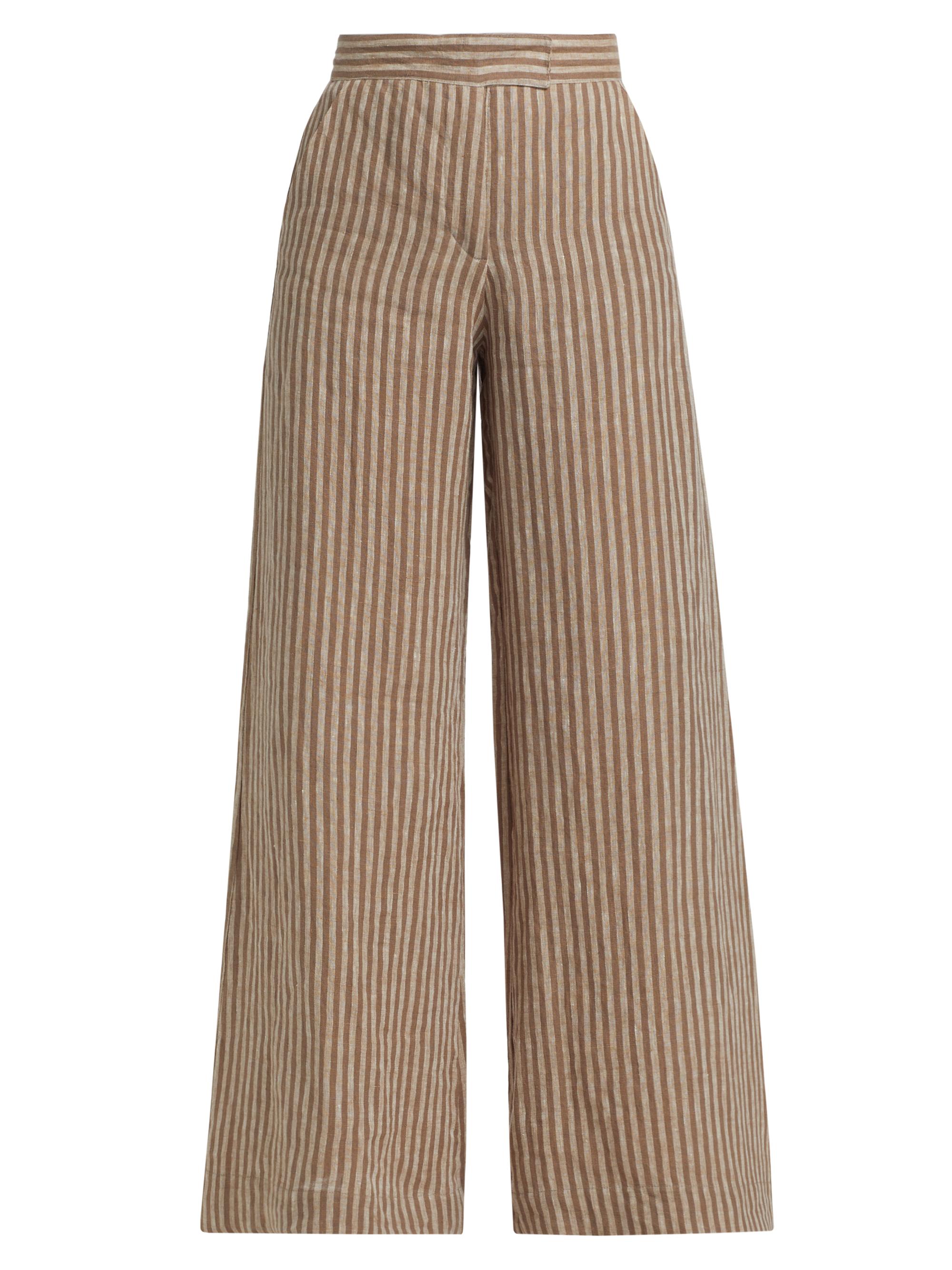 Hevron Women's Capri Striped Linen Wide-Leg Pants - Chocolate Stripe
