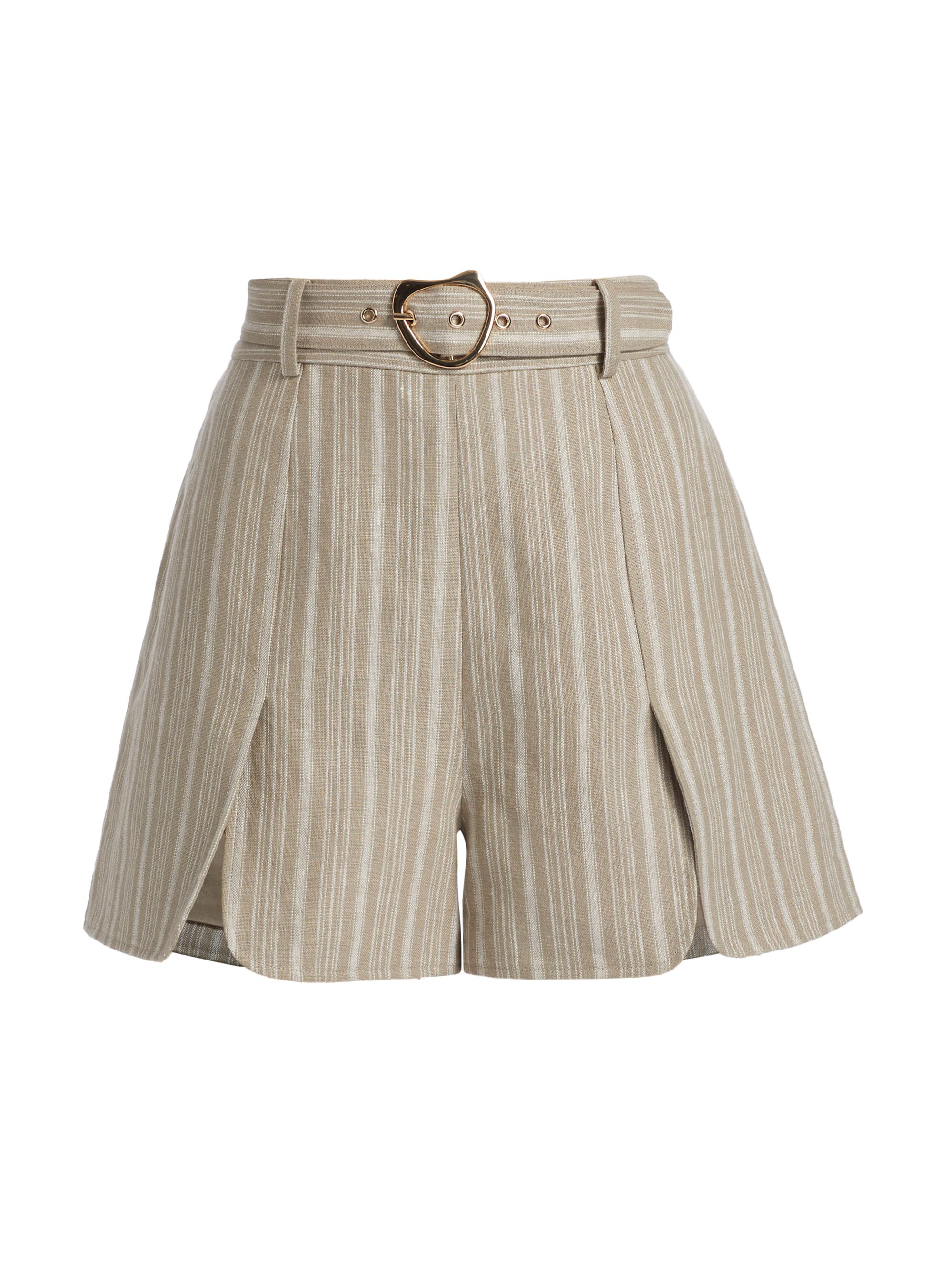 Hevron Women's Tessa Striped Linen Belted Shorts - Tawny Stripe
