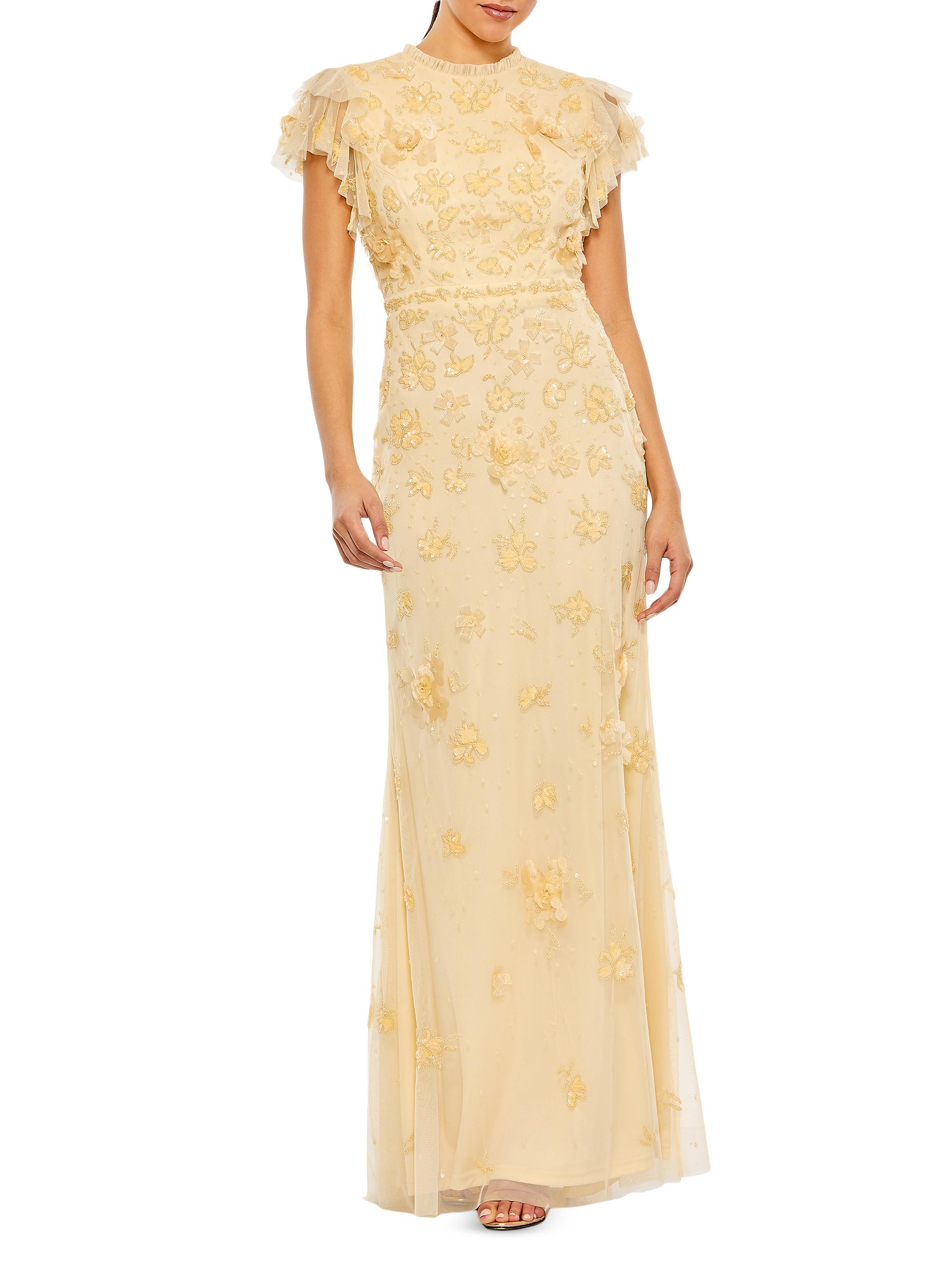Mac Duggal Women's High Neck Flutter-Sleeve Floral Embellished Gown - Butter