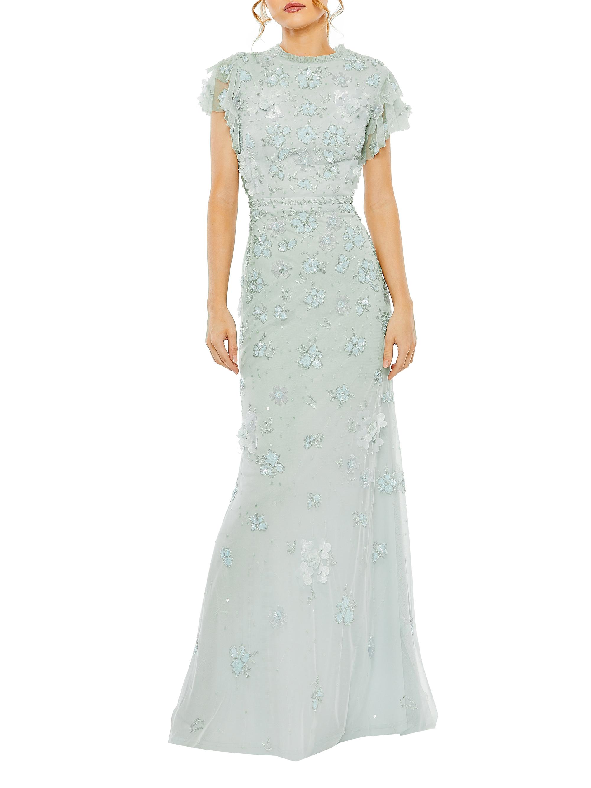 High Neck Flutter-Sleeve Floral Embellished Gown