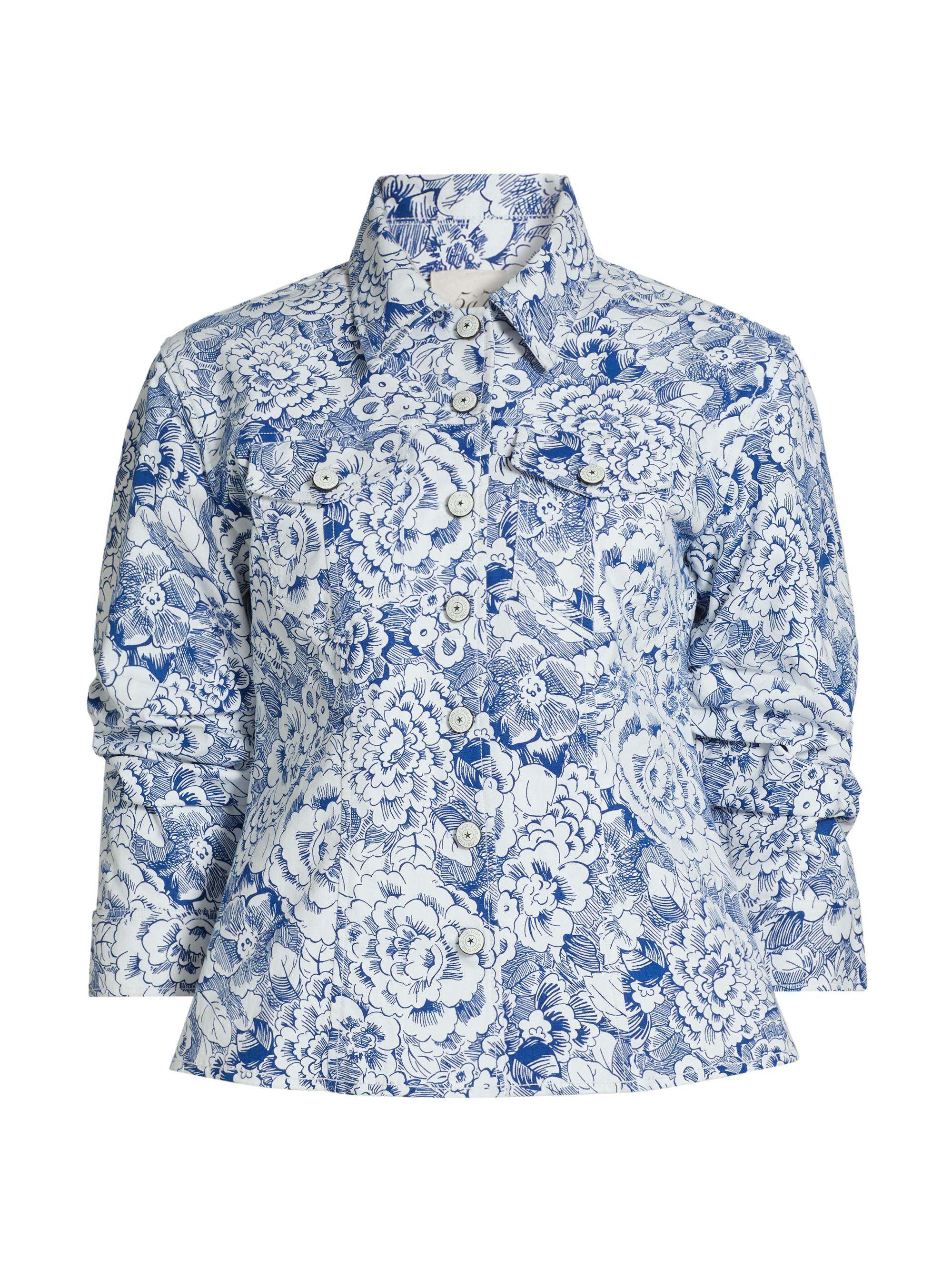 Cinq à Sept Women's Sketchbook Floral Scrunched Canyon Jacket - White Dark Cerulean