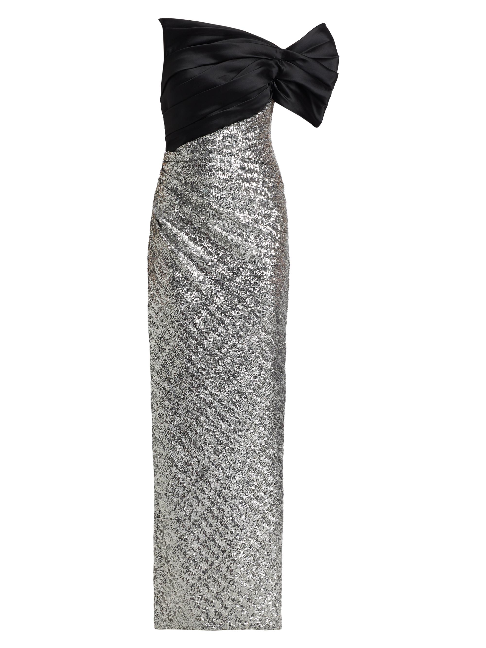 Pamella Roland Women's Satin Sequined One-Shoulder Column Gown - Black Silver