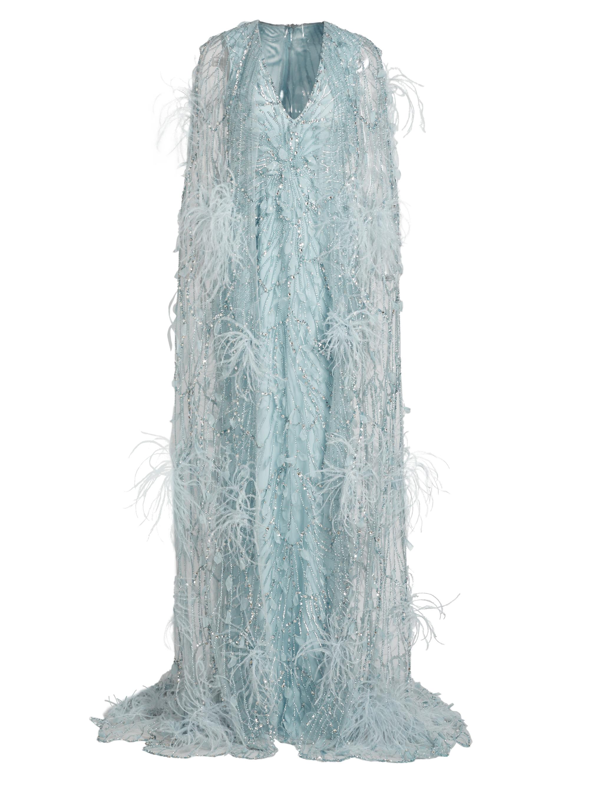 Pamella Roland Women's Embroidered Feather Cape Gown - Blue