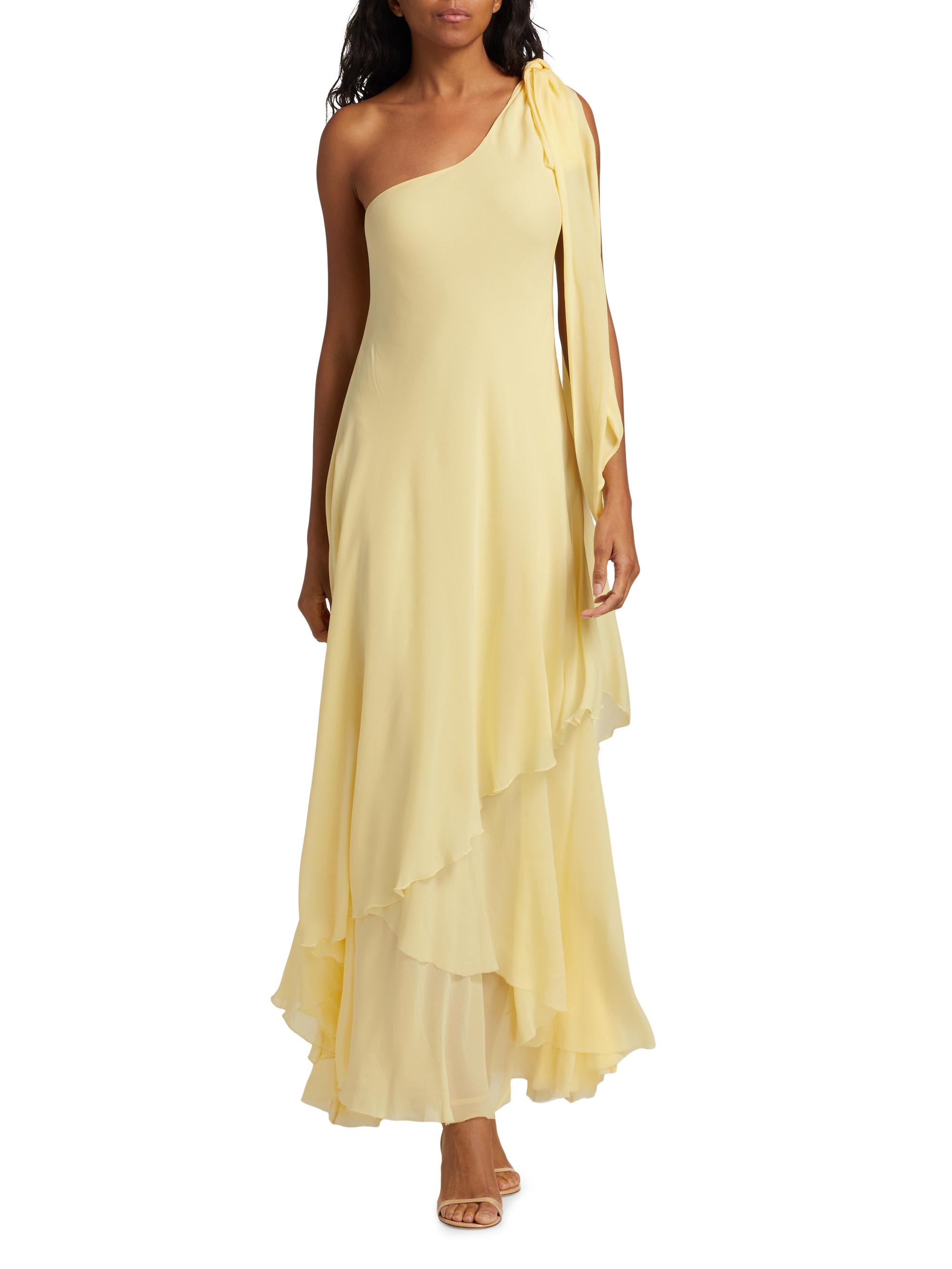 Alliara Chiffon One-Shoulder Gown for Women in Citron, Size: 0, by LoveShackFancy
