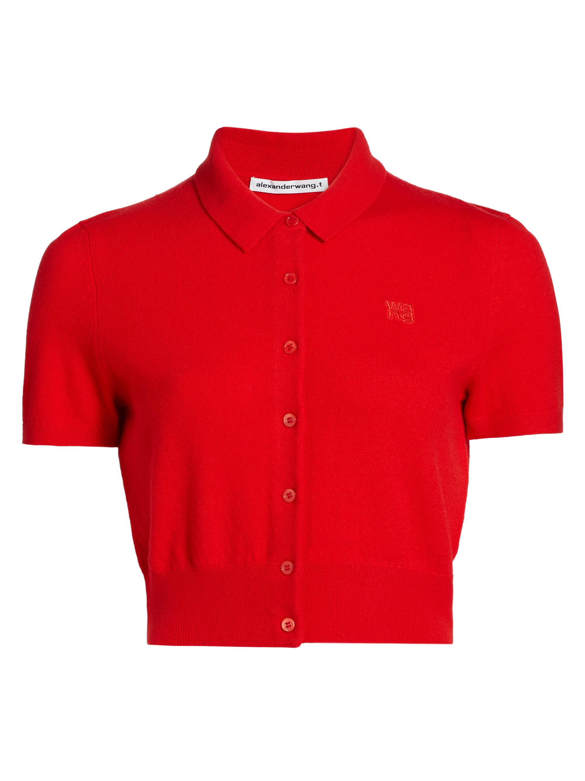 Alexander Wang Women's Embroidered Logo Wool Polo Cardigan - Fiery Red