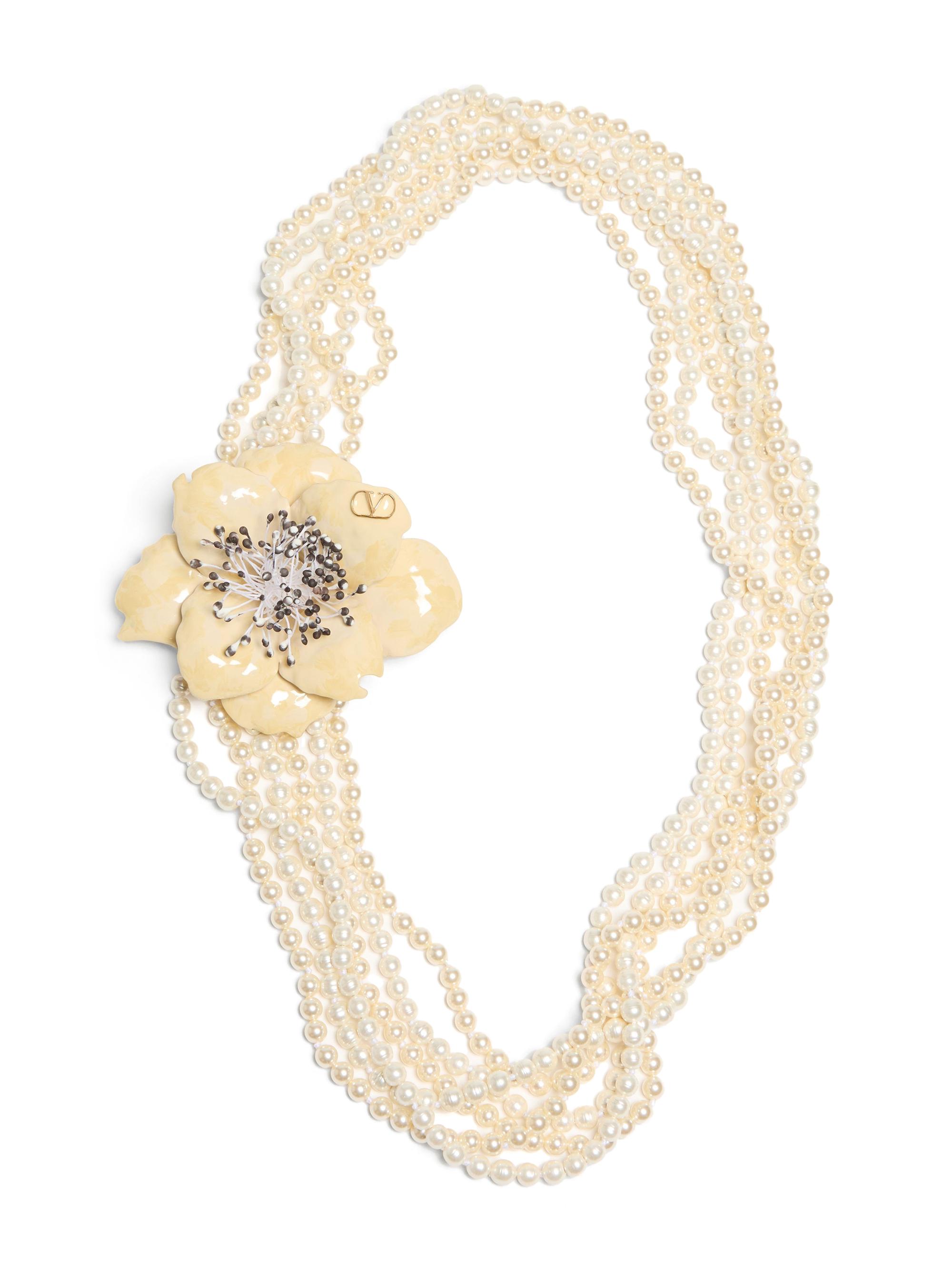 Valentino Garavani Women's Fleur Lumineuse Necklace in Metal, Enamel, Pearls and Fabric - Gold