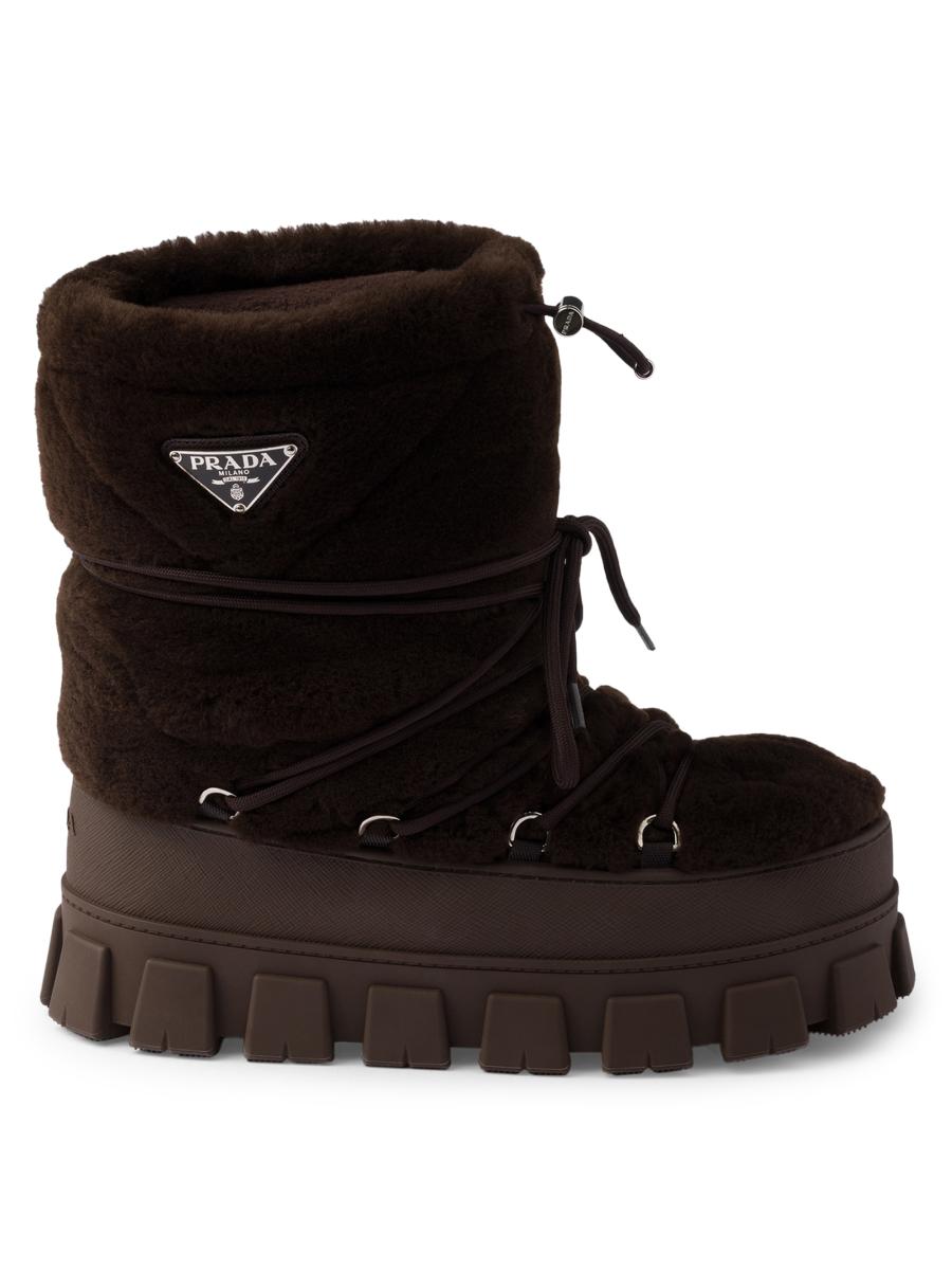 【日本入手困難】プラダ Shearling apres ski booties ブーツ Black Leather booties | PRADA
