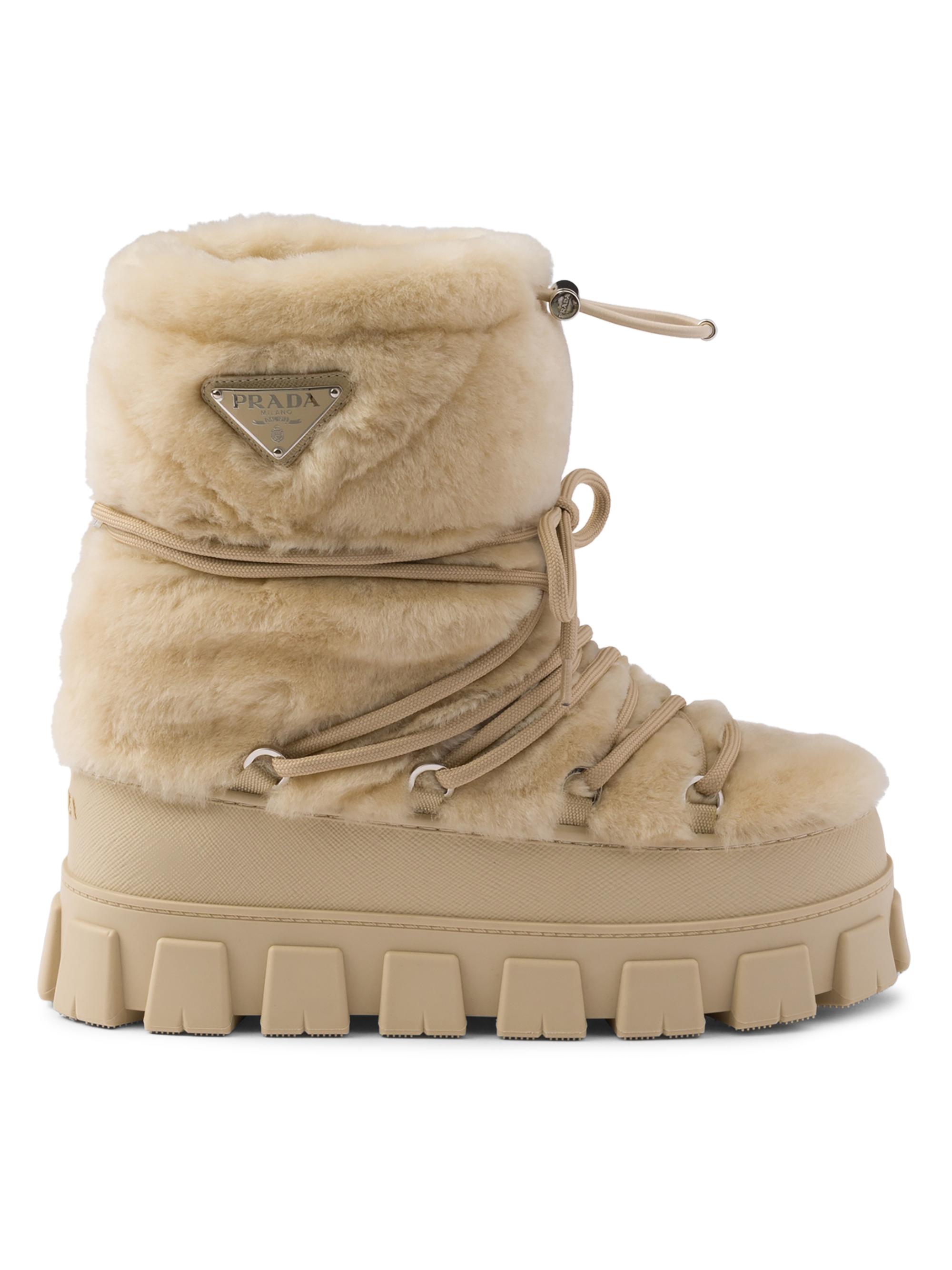 Prada Women's Shearling Après Ski Booties - Beige Khaki