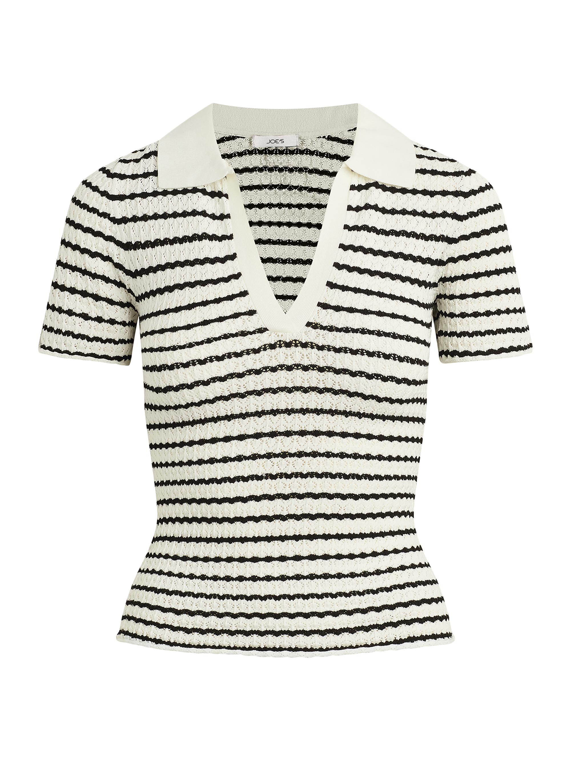 Joe's Jeans Women's Jess Stripe Pointelle Polo Shirt - Milk Black Stripe