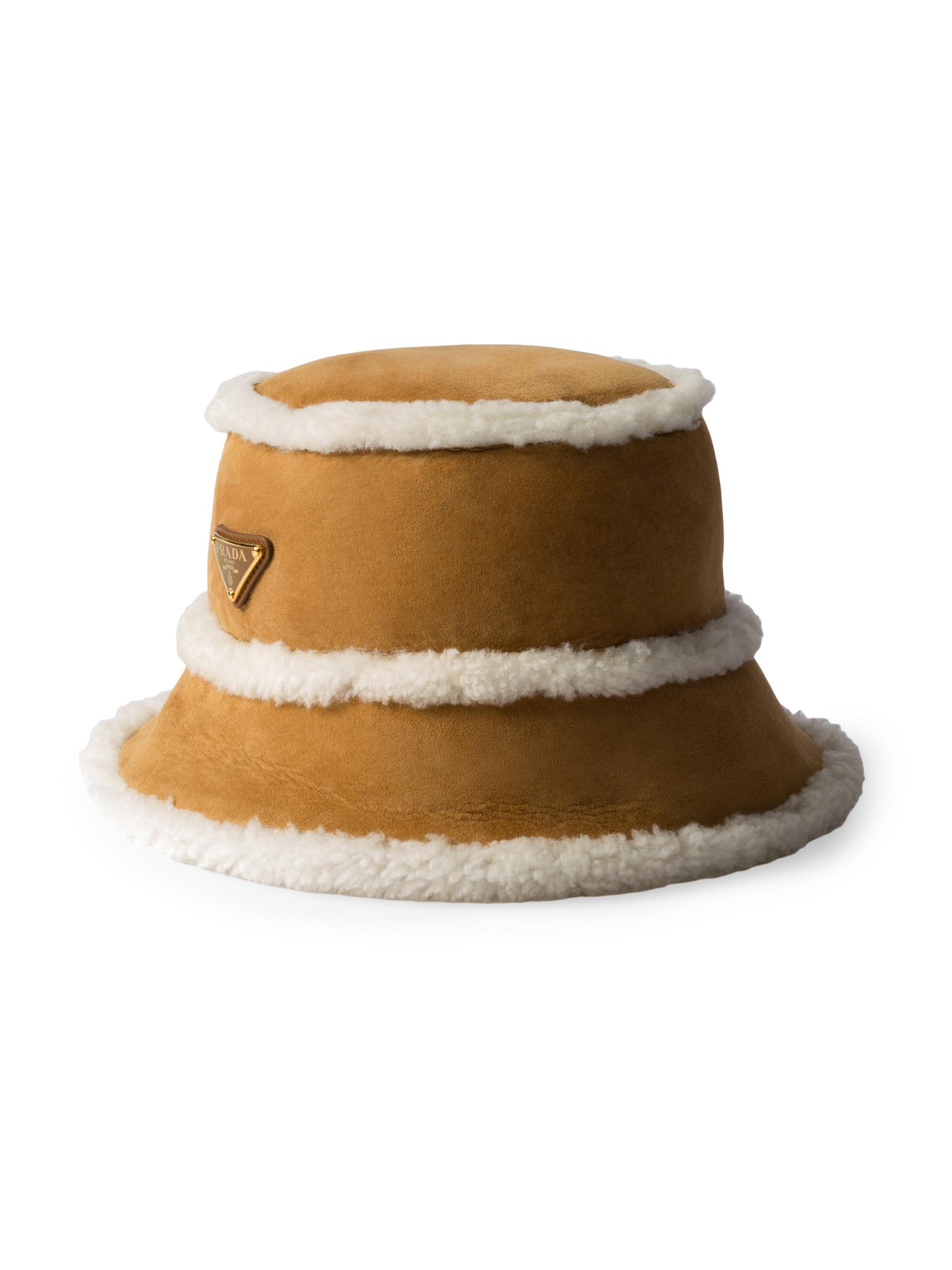 Prada Women's Suede Shearling Bucket Hat - Beige Khaki